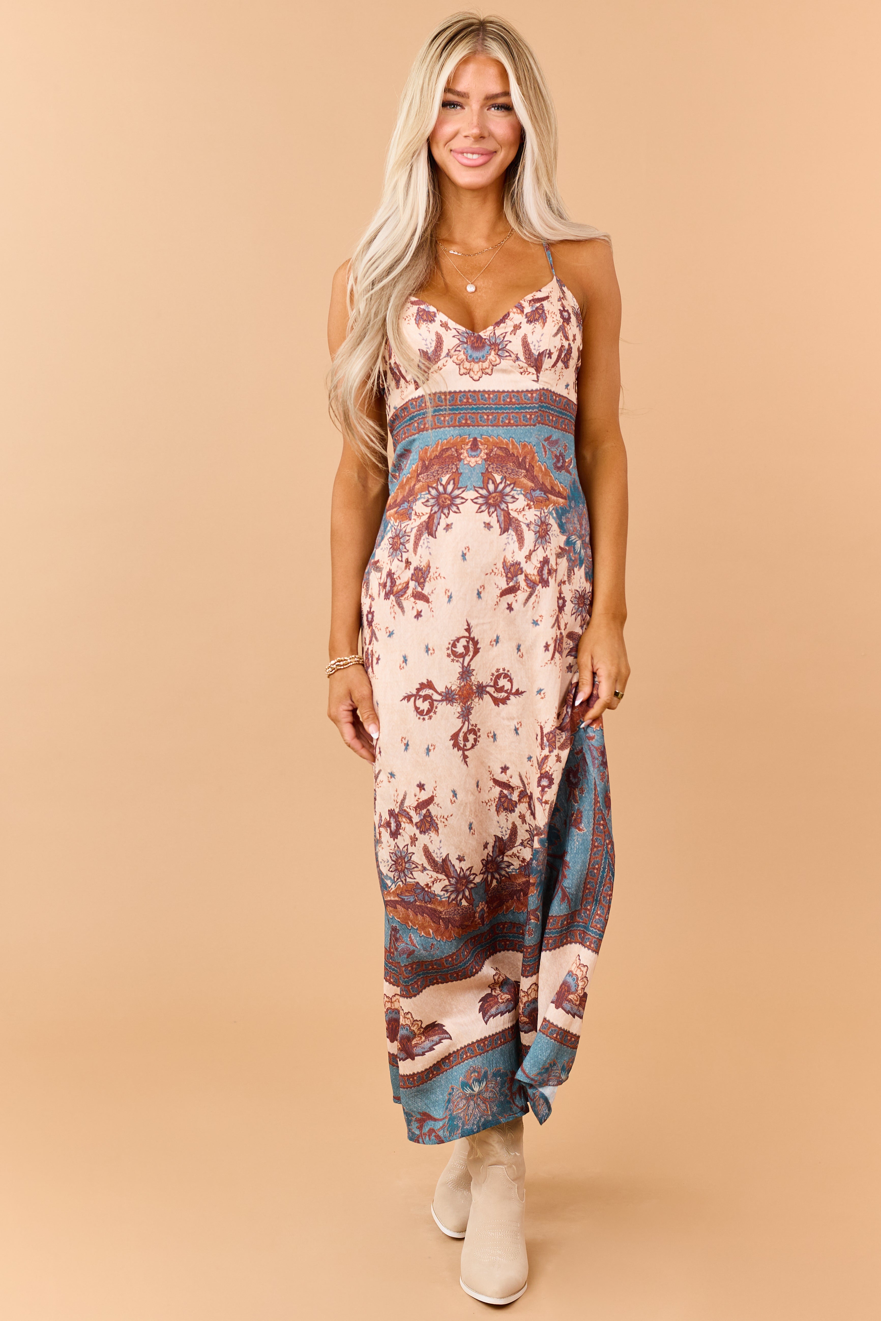 Peach Vintage Floral Sleeveless Maxi Dress