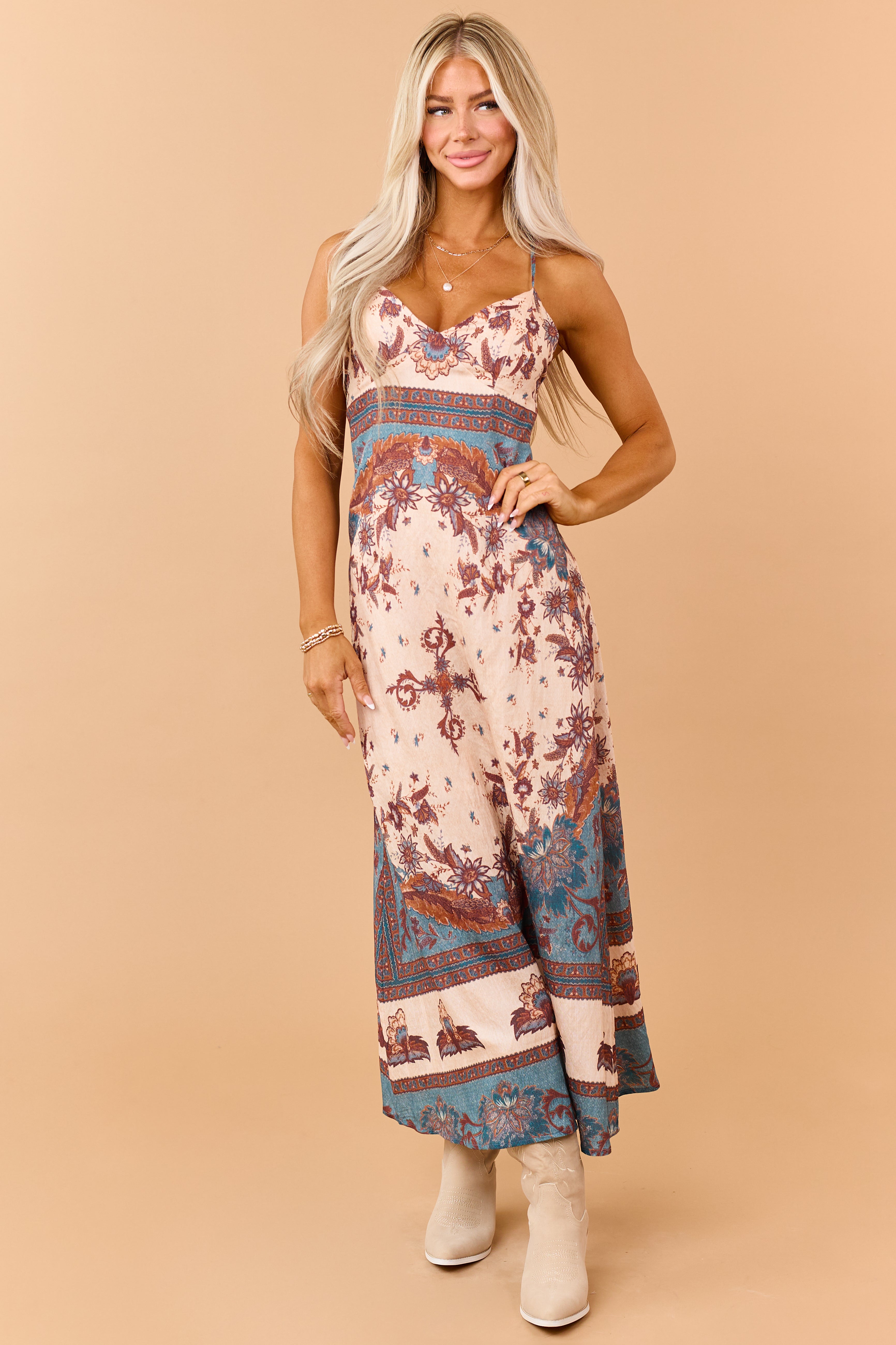 Peach Vintage Floral Sleeveless Maxi Dress