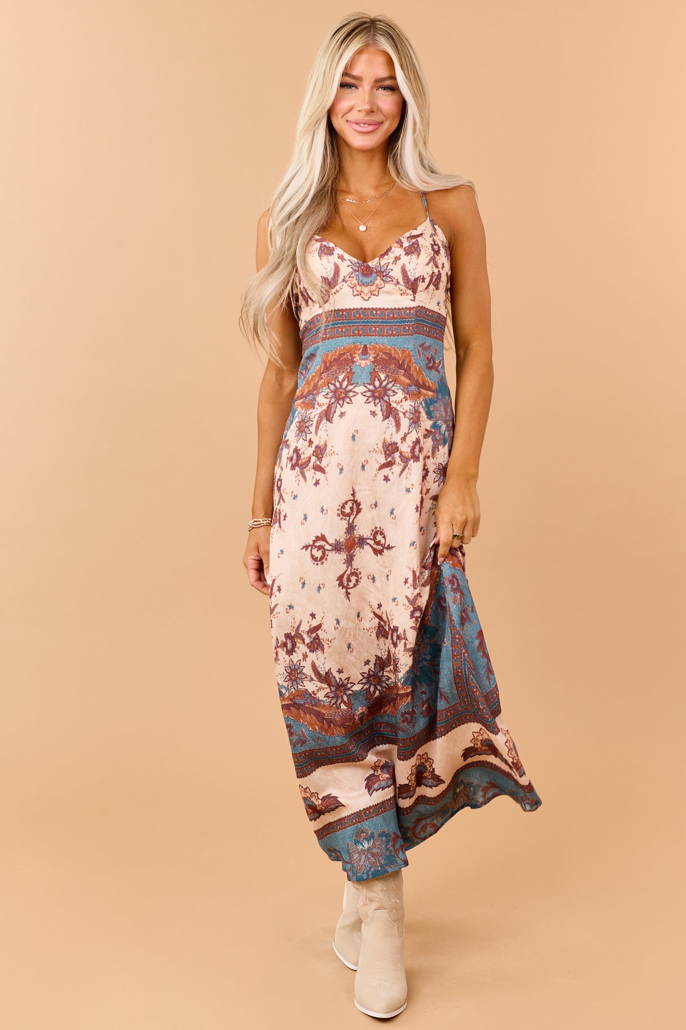 Peach Vintage Floral Sleeveless Maxi Dress
