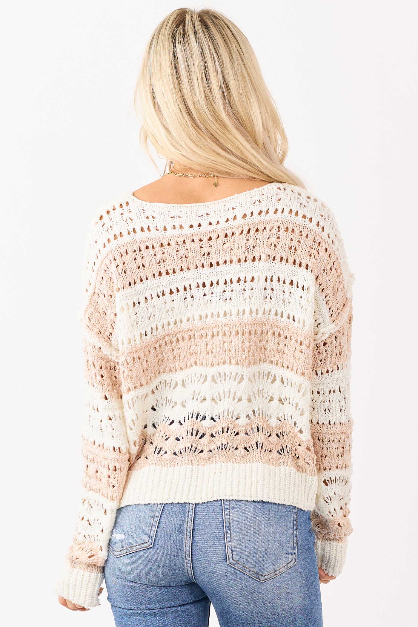 Peach and Cream Striped Open Knit Sweater