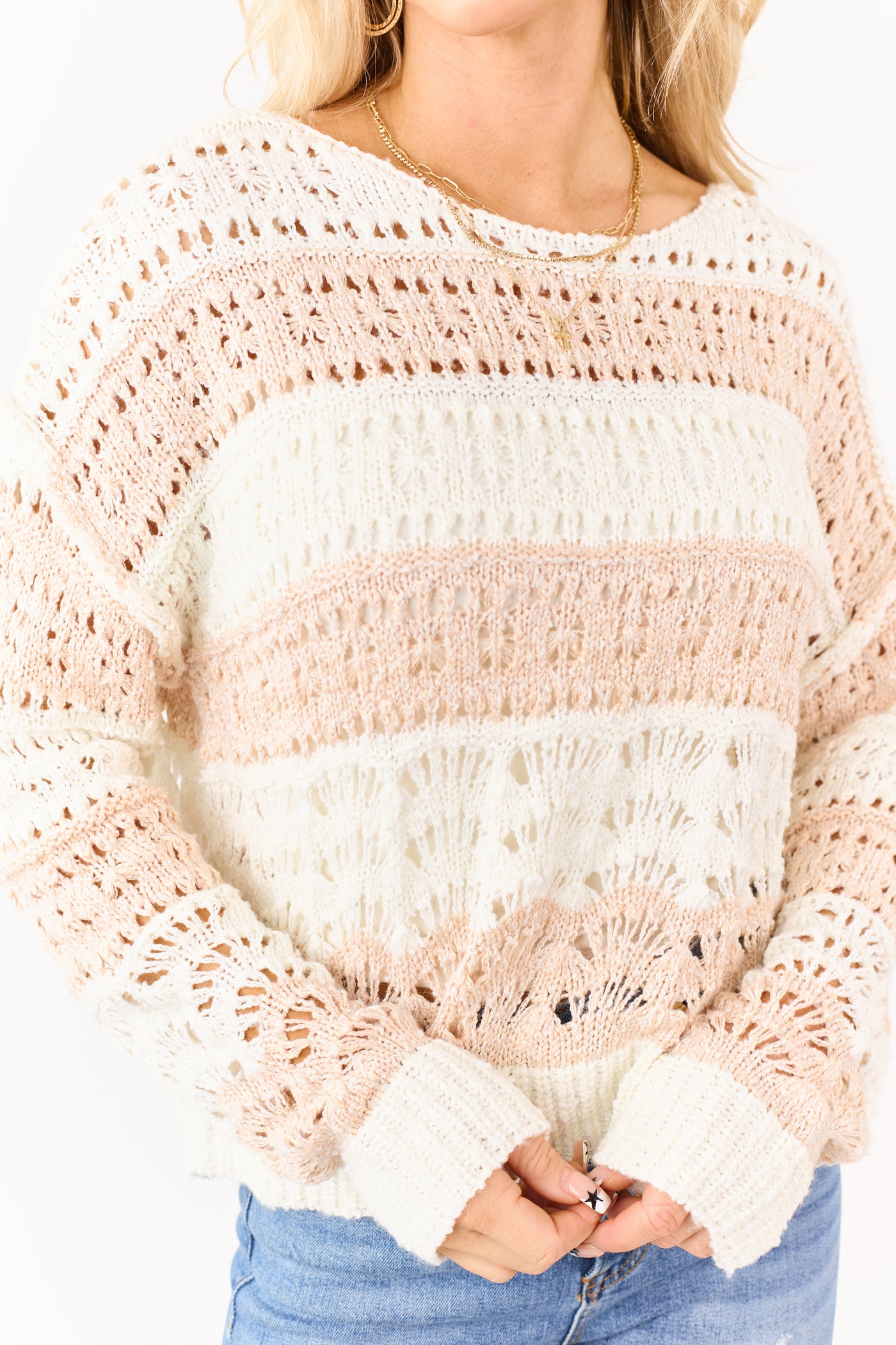 Peach and Cream Striped Open Knit Sweater