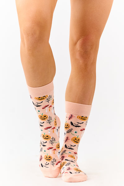 Peach Halloween Print Crew Socks