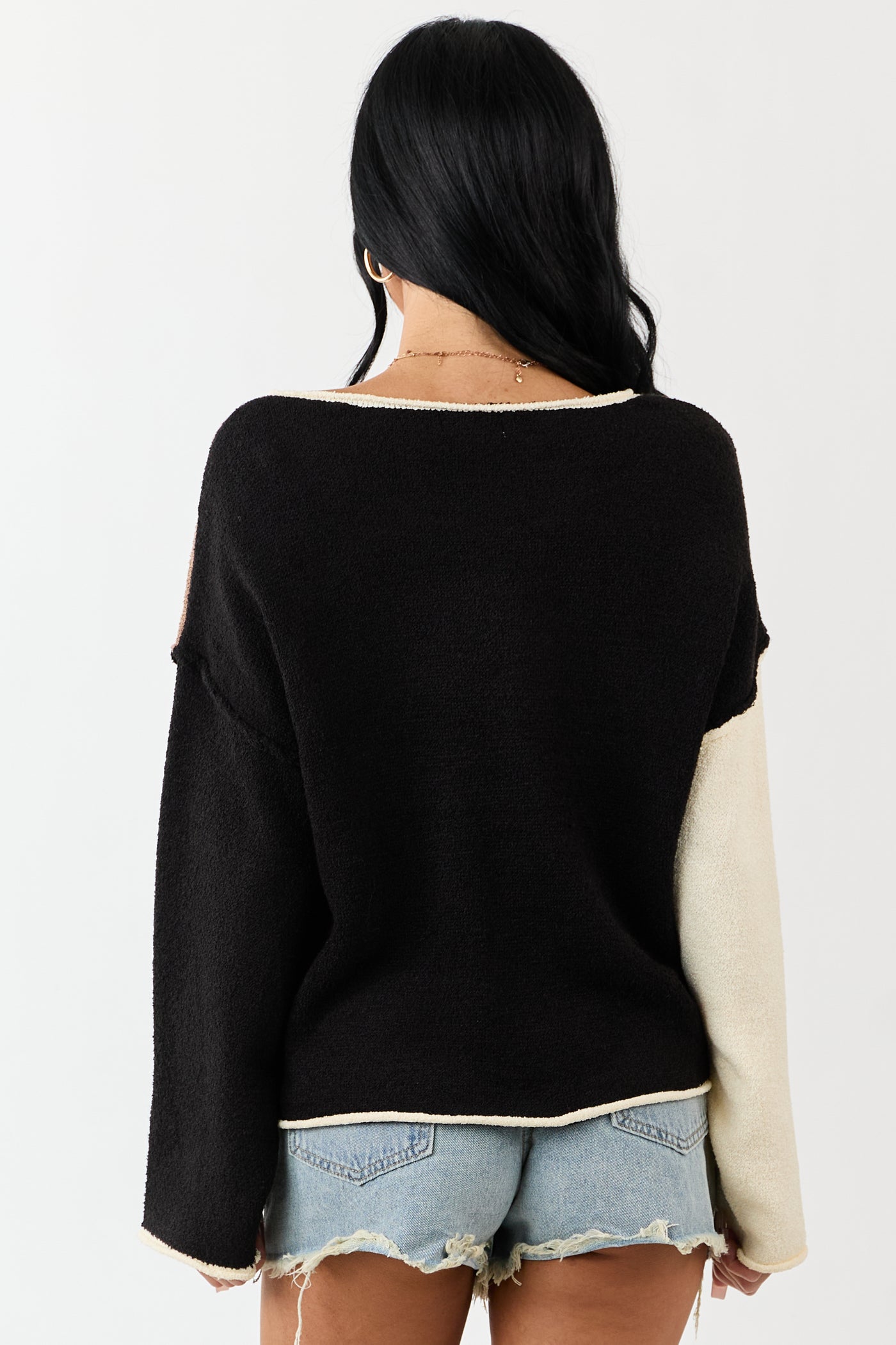 Peanut Colorblock Rolled Seam Textured Sweater
