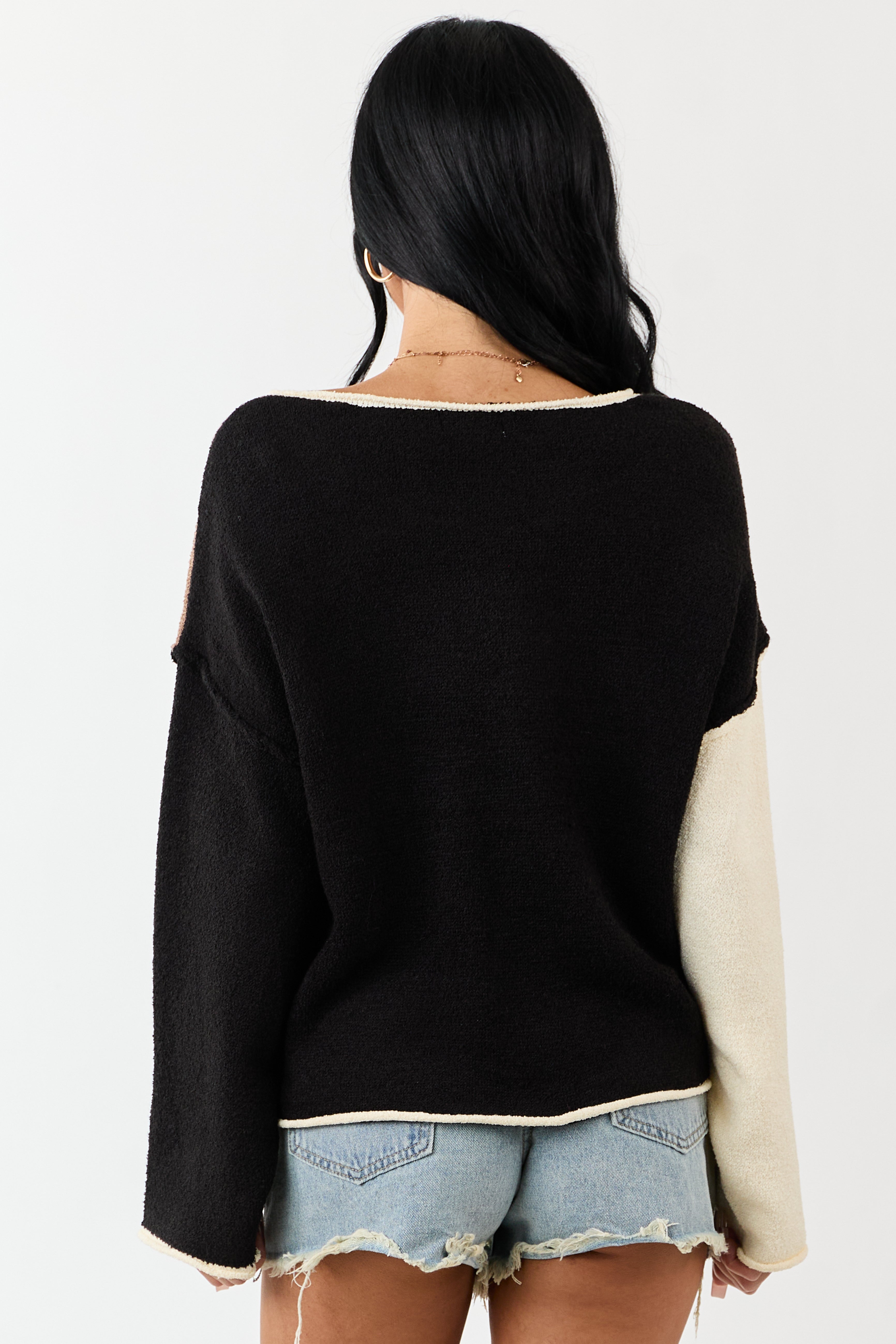 Peanut Colorblock Rolled Seam Textured Sweater