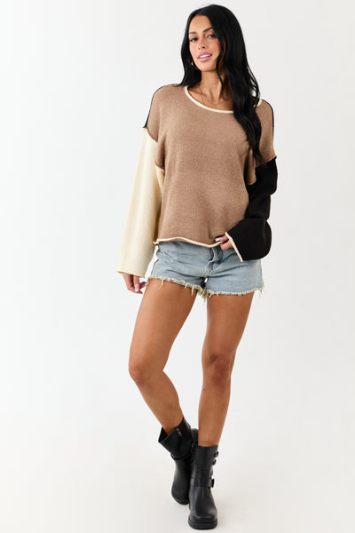 Peanut Colorblock Rolled Seam Textured Sweater
