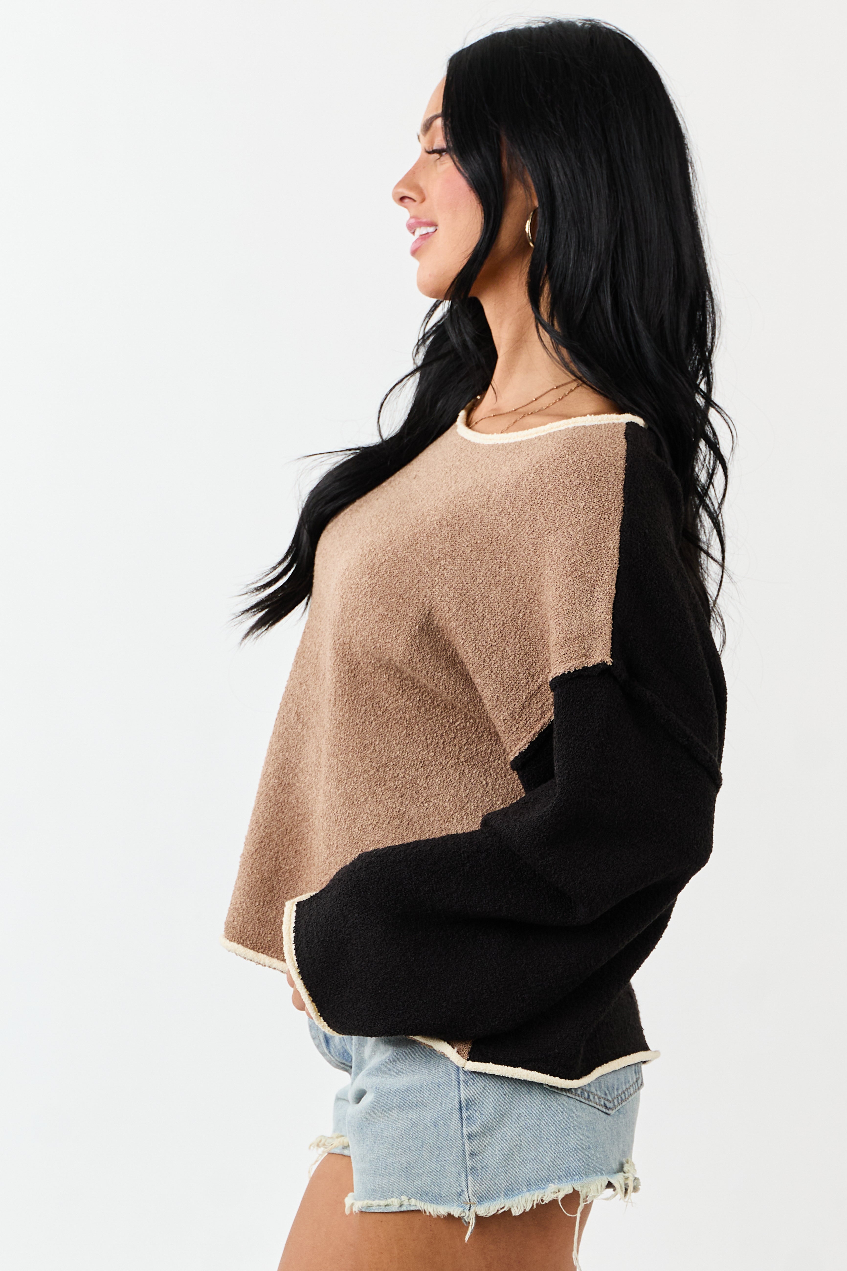 Peanut Colorblock Rolled Seam Textured Sweater