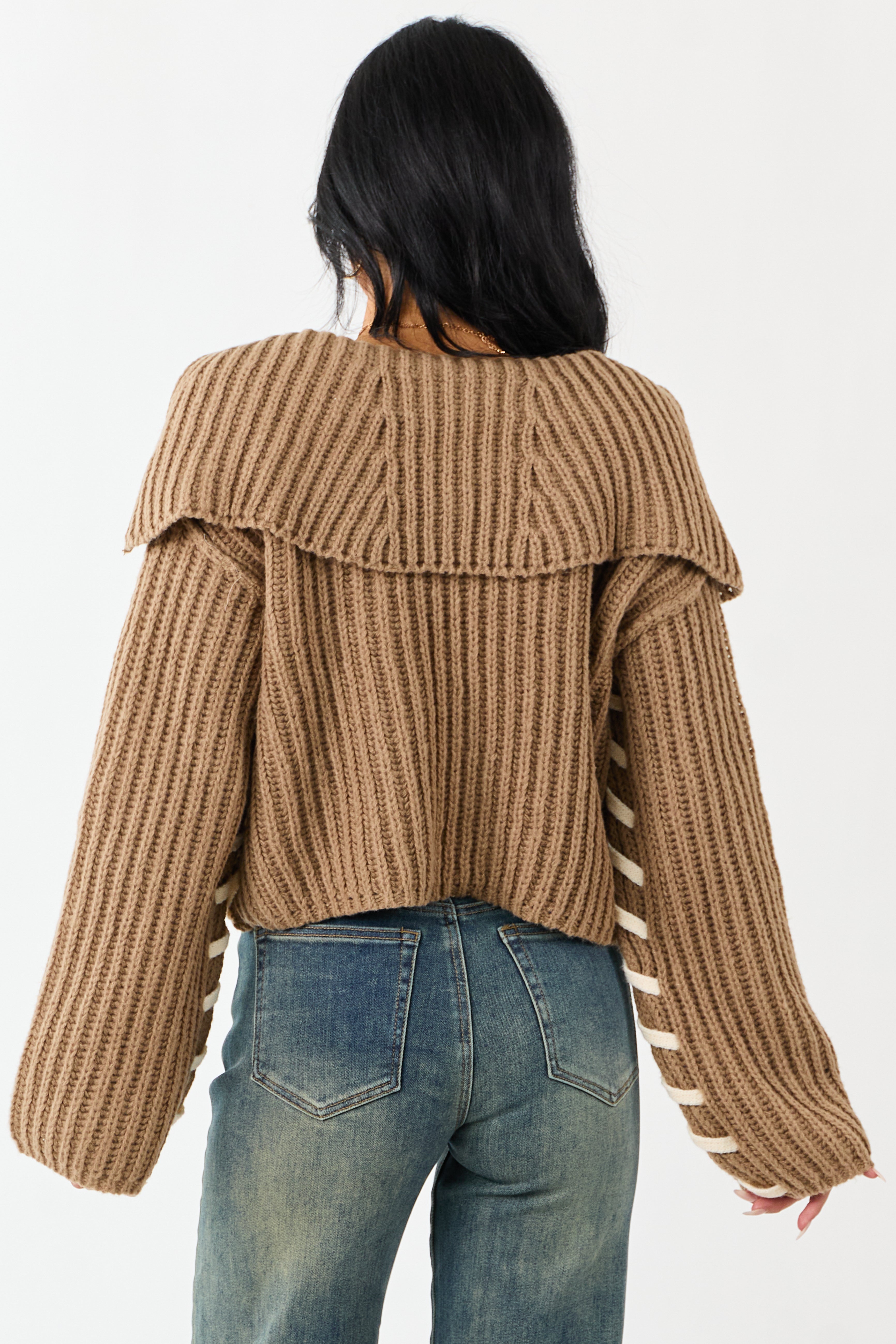 Peanut Contrast Stitching Rib Knit Cardigan
