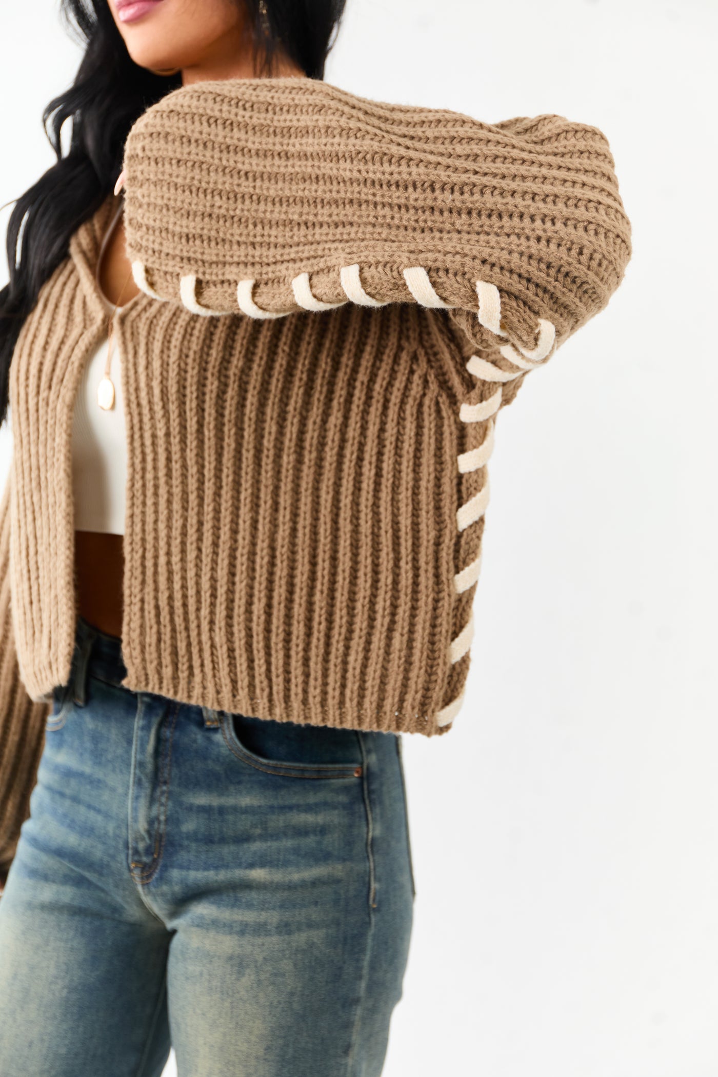 Peanut Contrast Stitching Rib Knit Cardigan