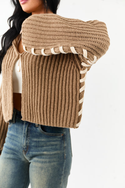 Peanut Contrast Stitching Rib Knit Cardigan