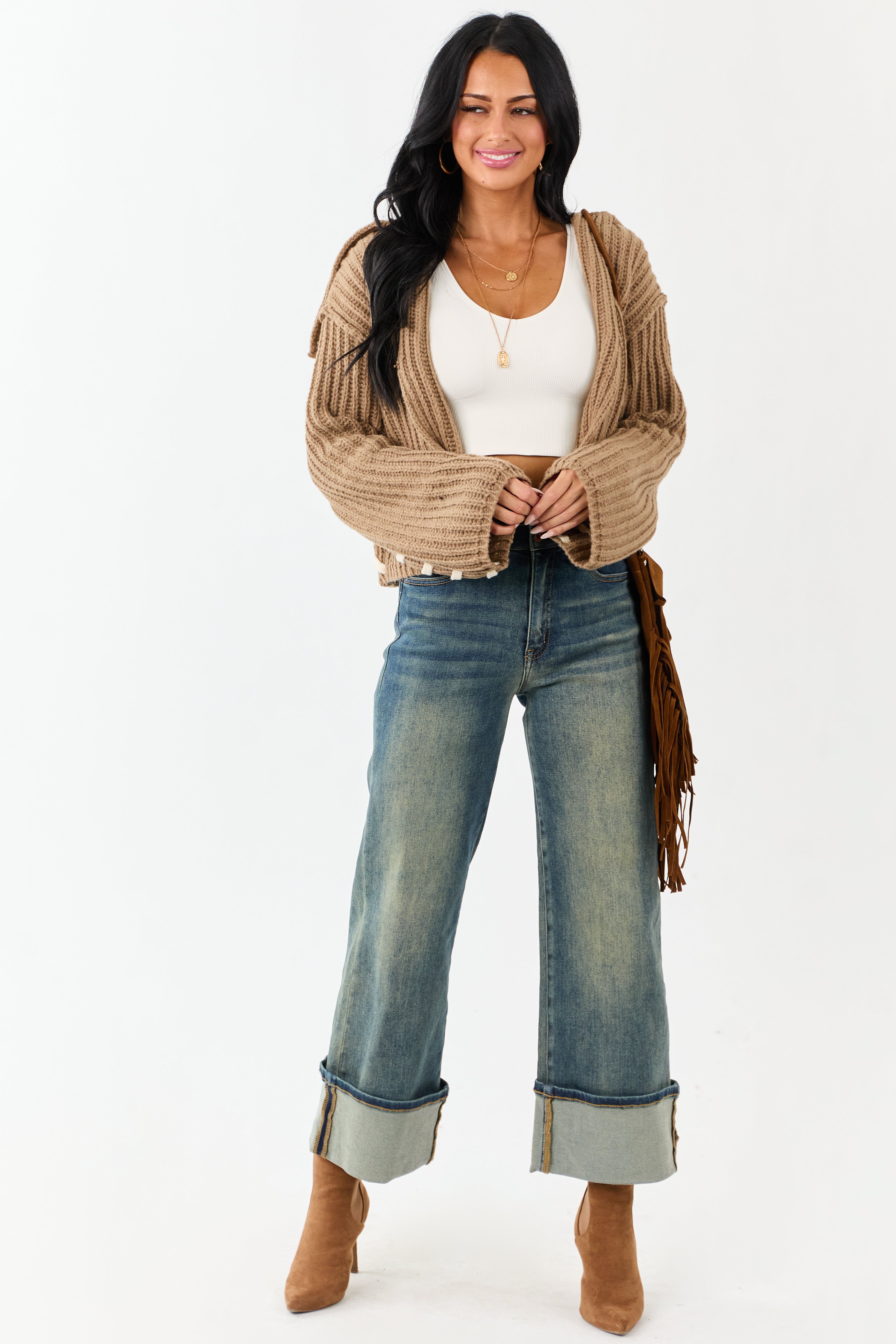 Peanut Contrast Stitching Rib Knit Cardigan