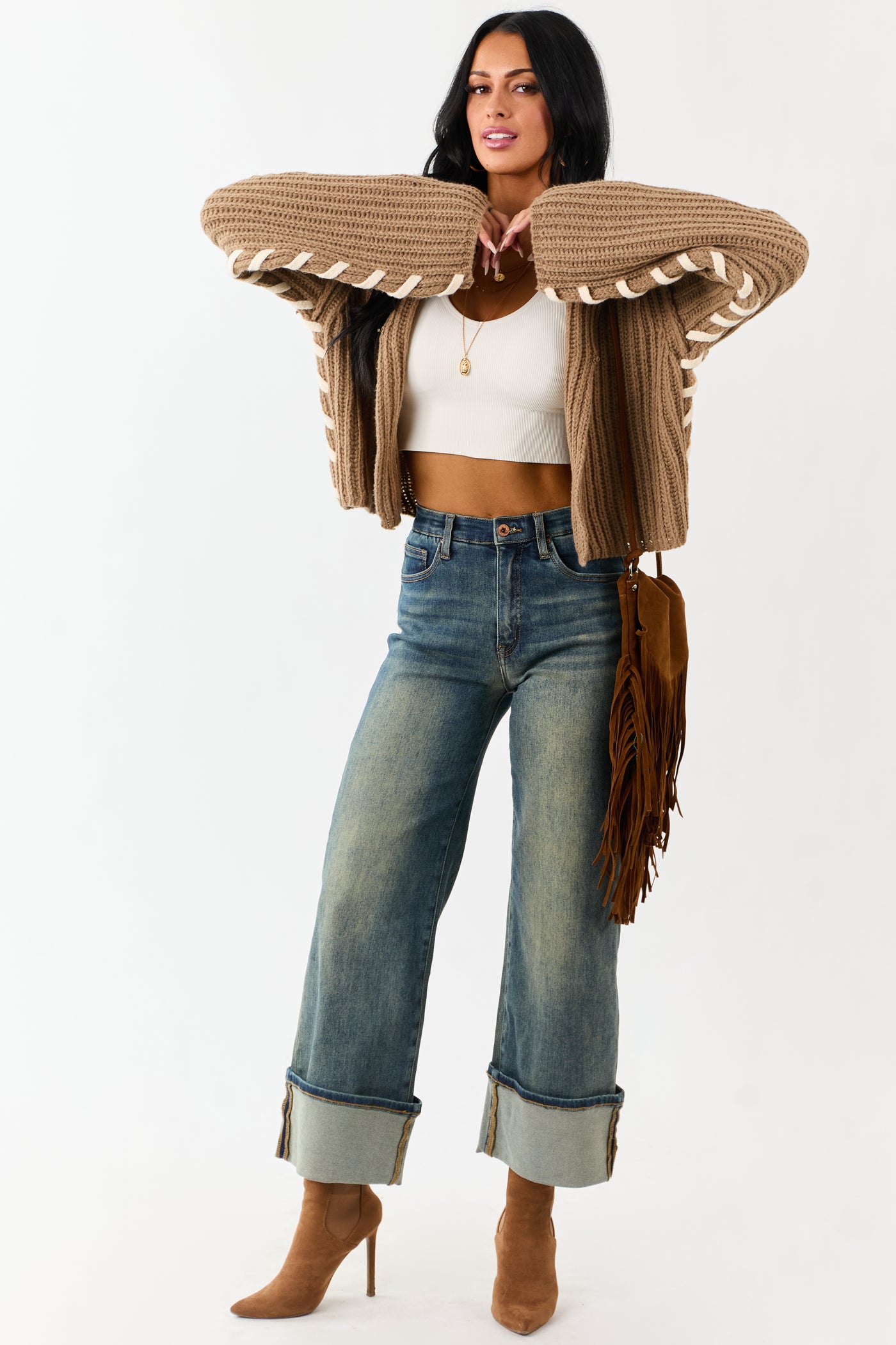 Peanut Contrast Stitching Rib Knit Cardigan