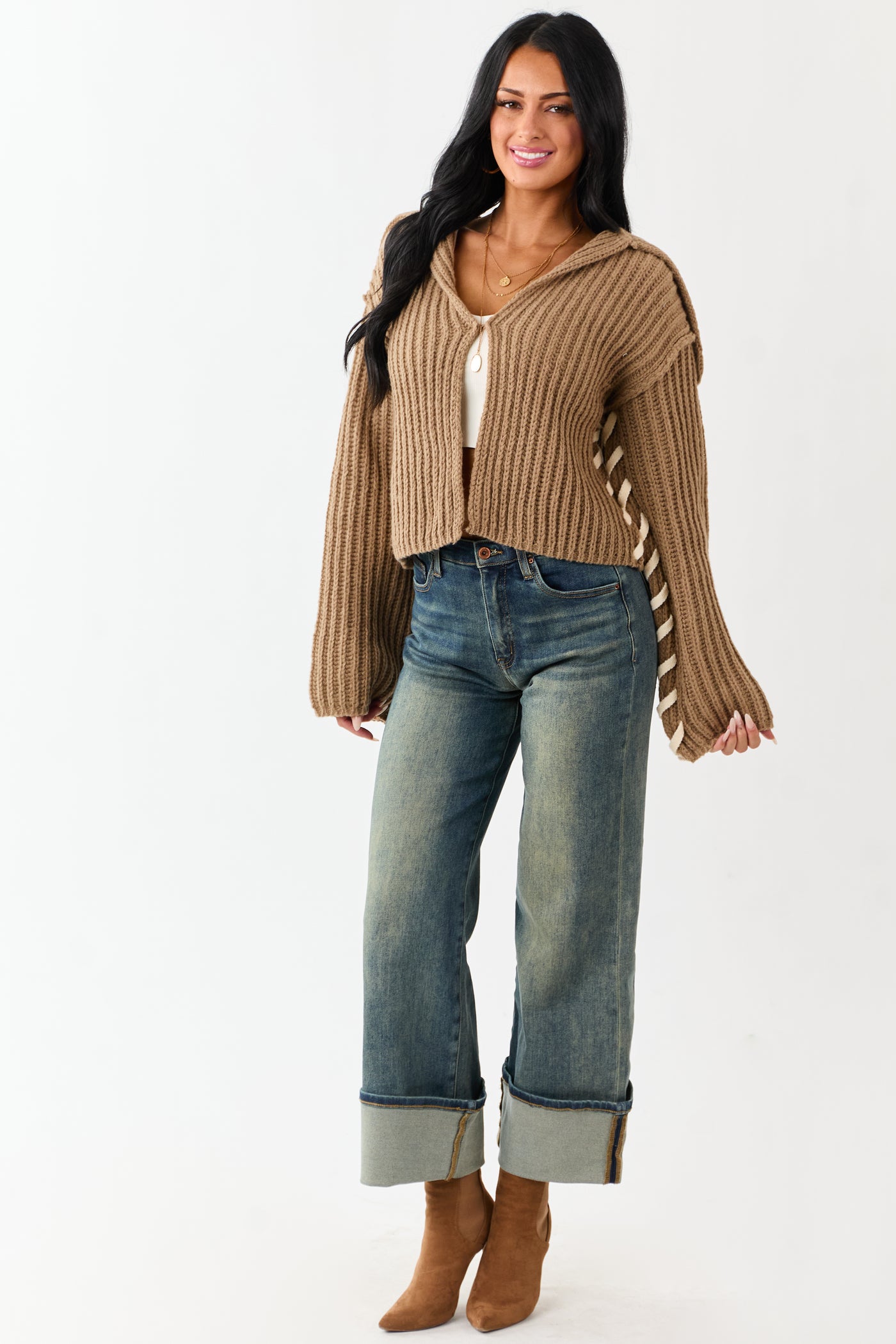 Peanut Contrast Stitching Rib Knit Cardigan