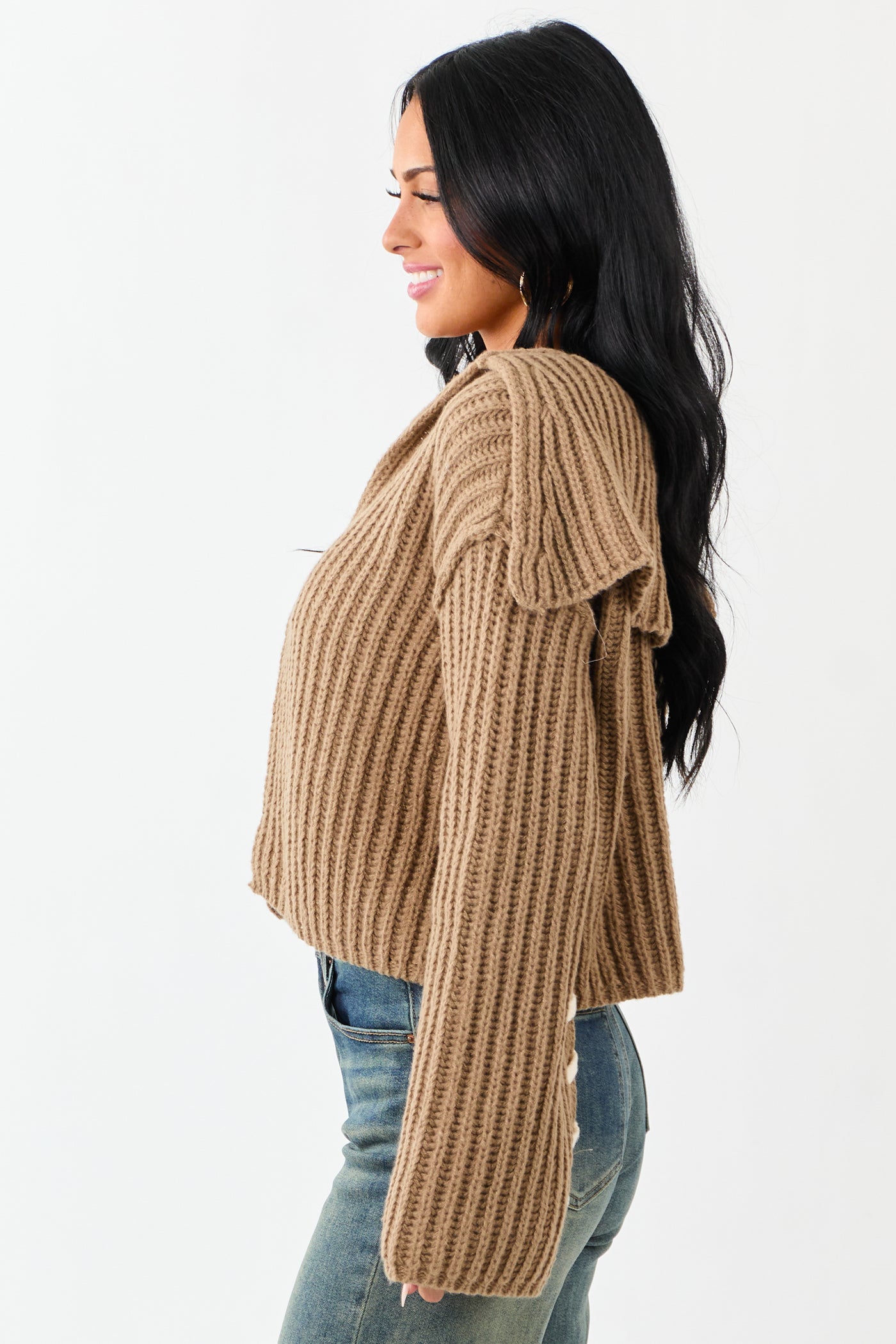 Peanut Contrast Stitching Rib Knit Cardigan