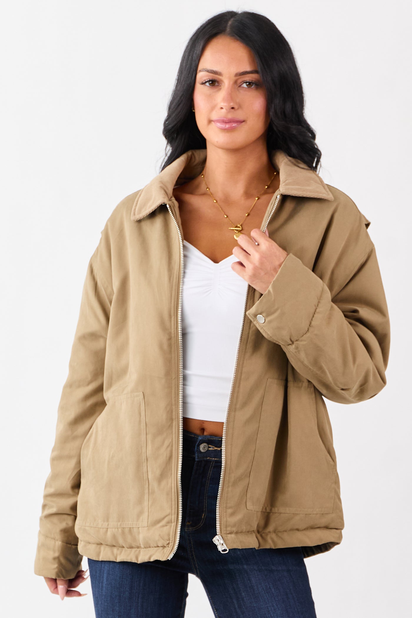 Peanut Corduroy Collar Zip Up Puffer Jacket