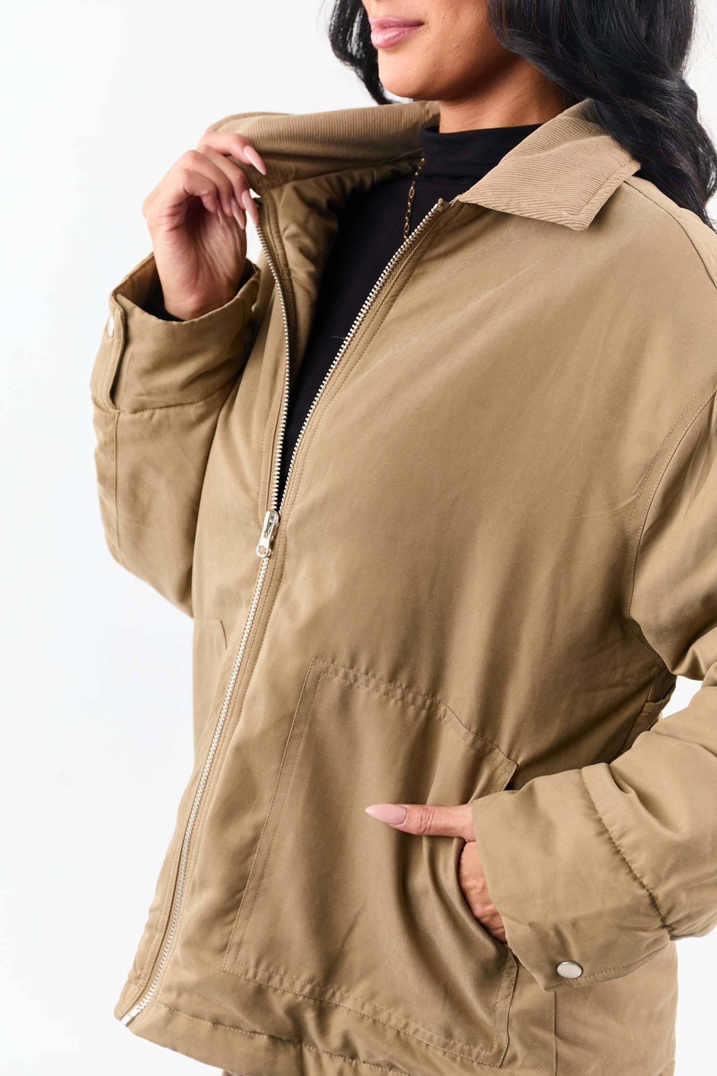 Peanut Corduroy Collar Zip Up Puffer Jacket