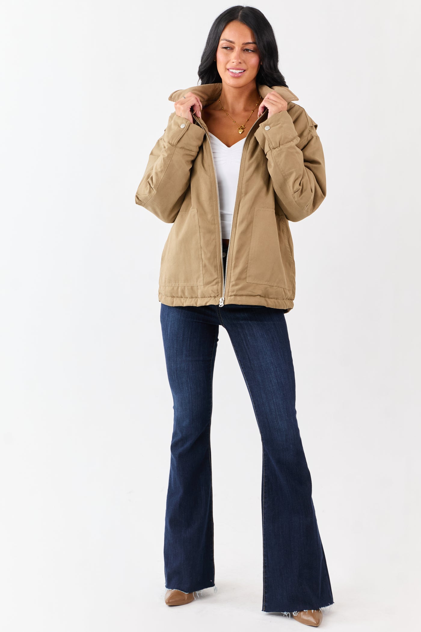 Peanut Corduroy Collar Zip Up Puffer Jacket