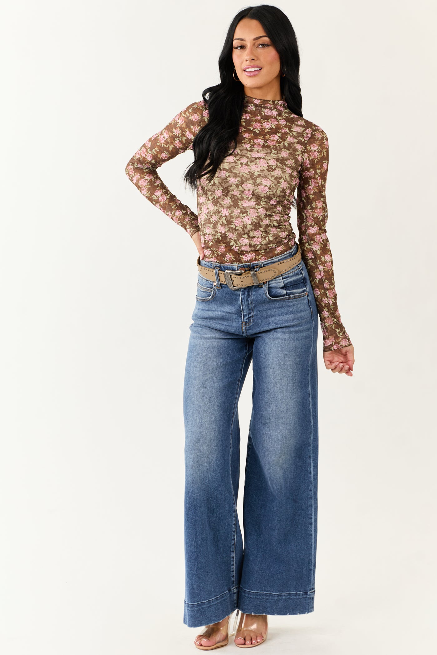 Peanut Floral Print High Neck Long Sleeve Mesh Top