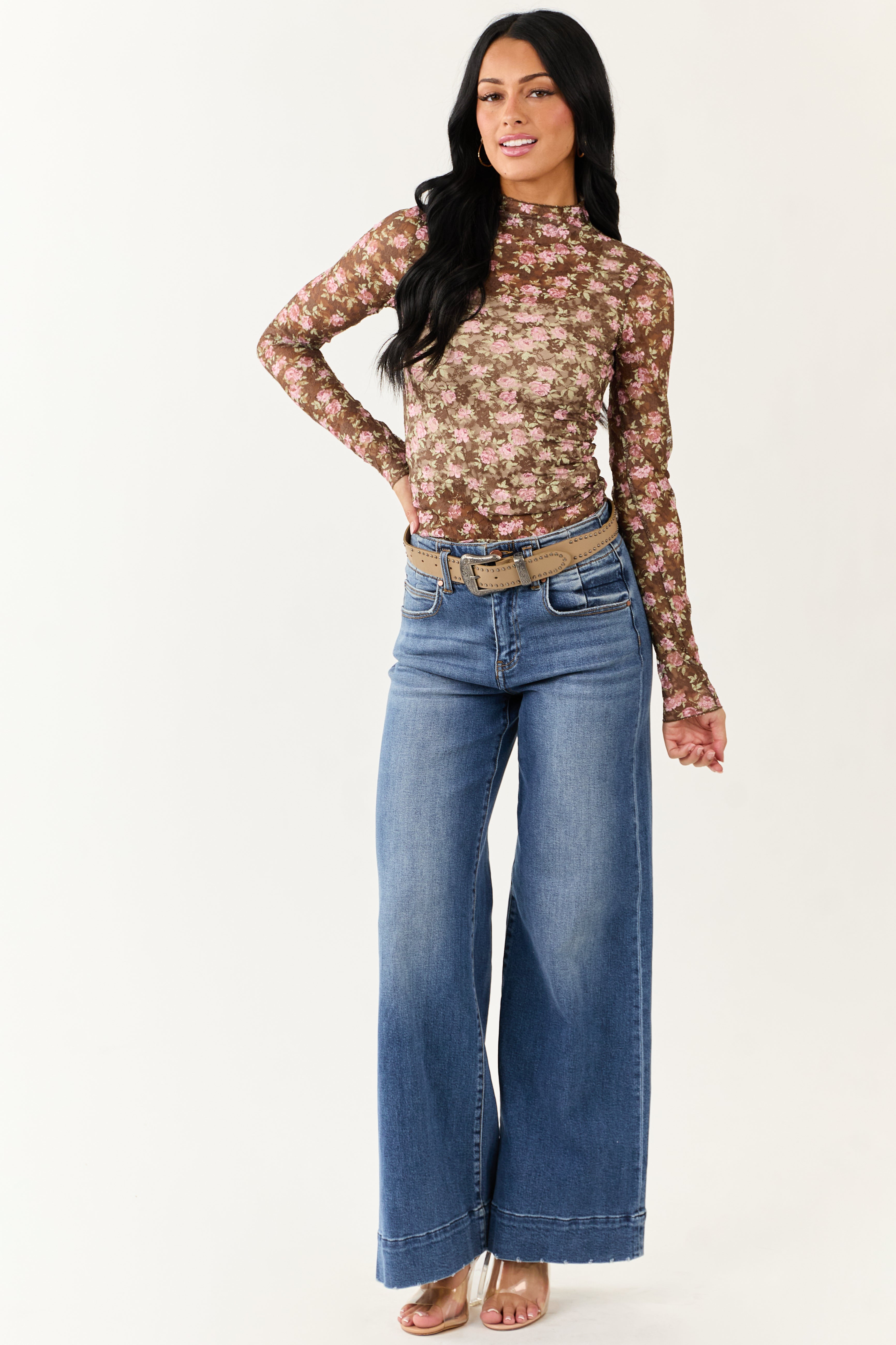 Peanut Floral Print High Neck Long Sleeve Mesh Top
