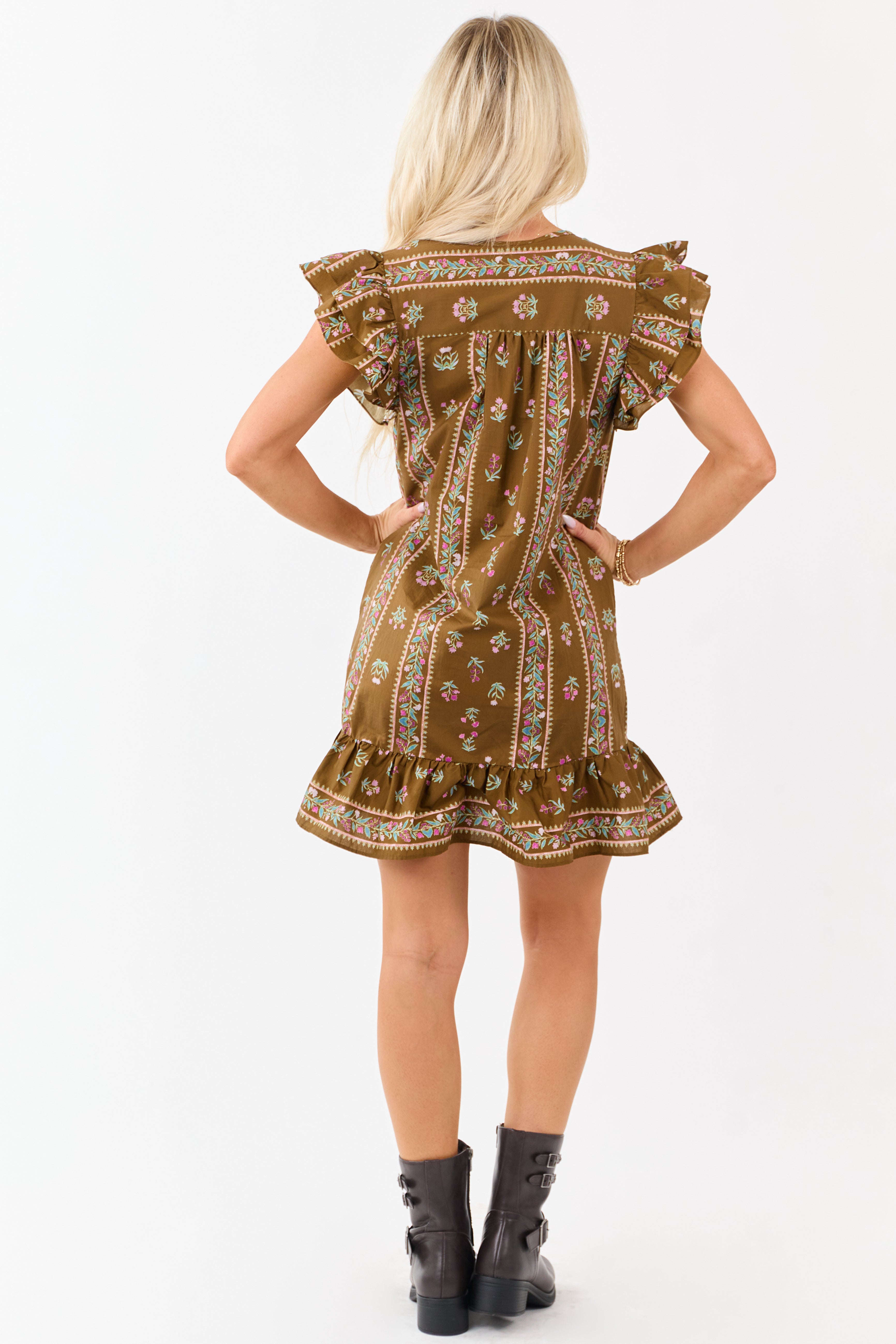Peanut Floral Print Ruffle Sleeve Cotton Mini Dress