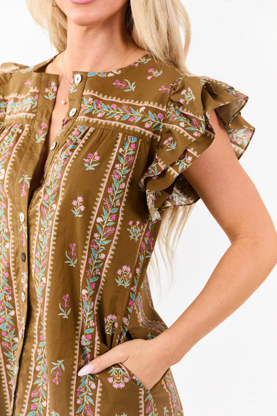 Peanut Floral Print Ruffle Sleeve Cotton Mini Dress