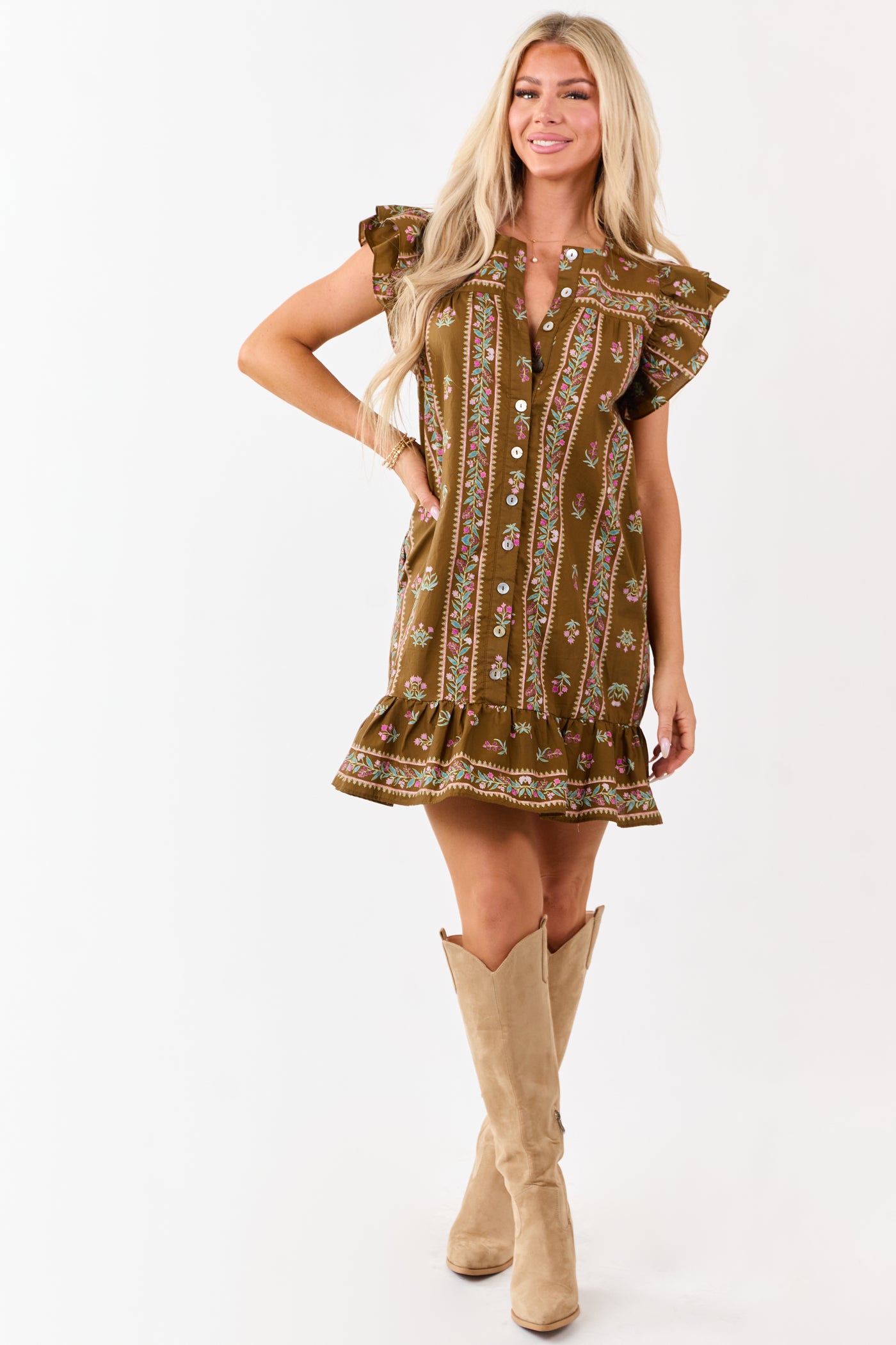 Peanut Floral Print Ruffle Sleeve Cotton Mini Dress