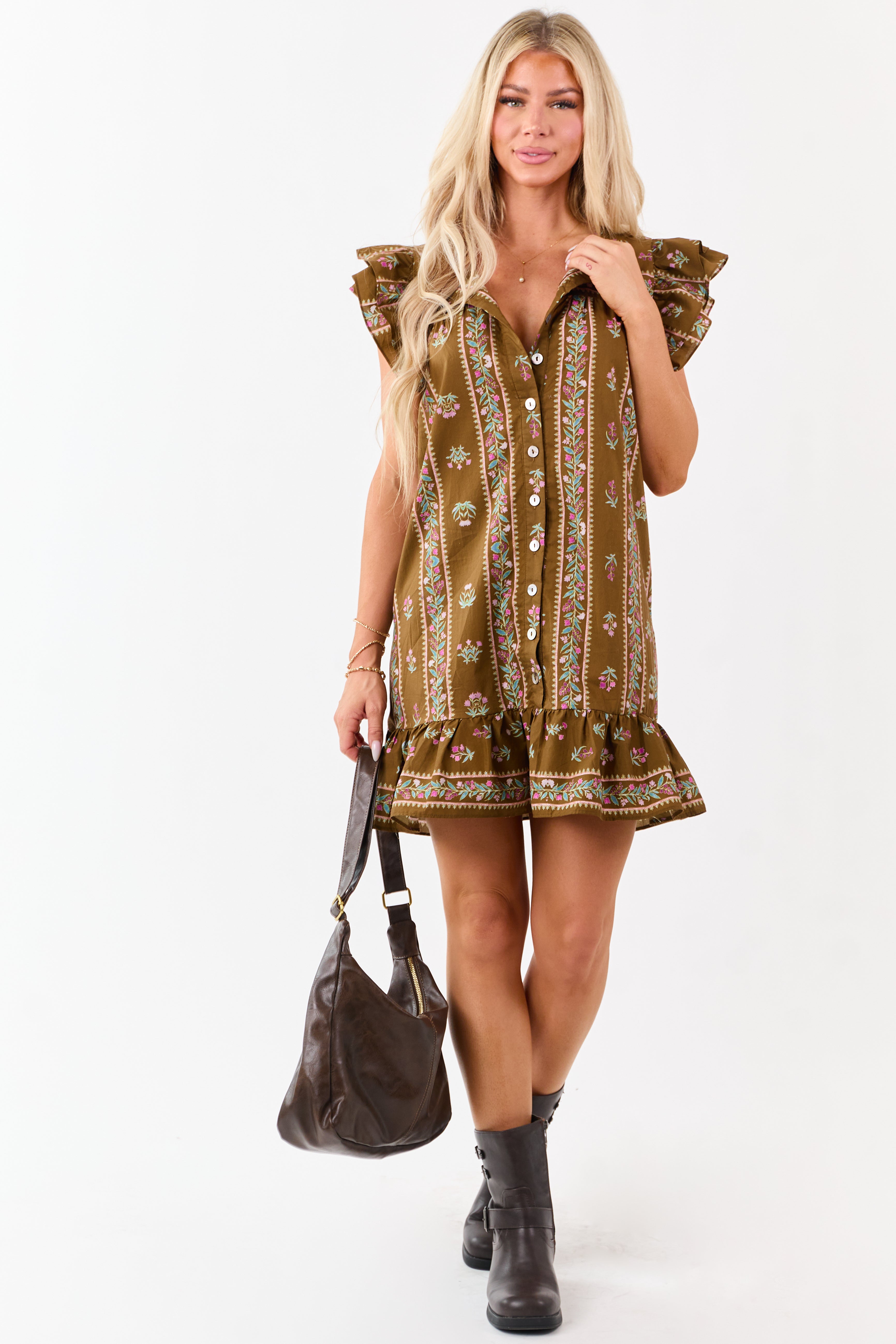 Peanut Floral Print Ruffle Sleeve Cotton Mini Dress