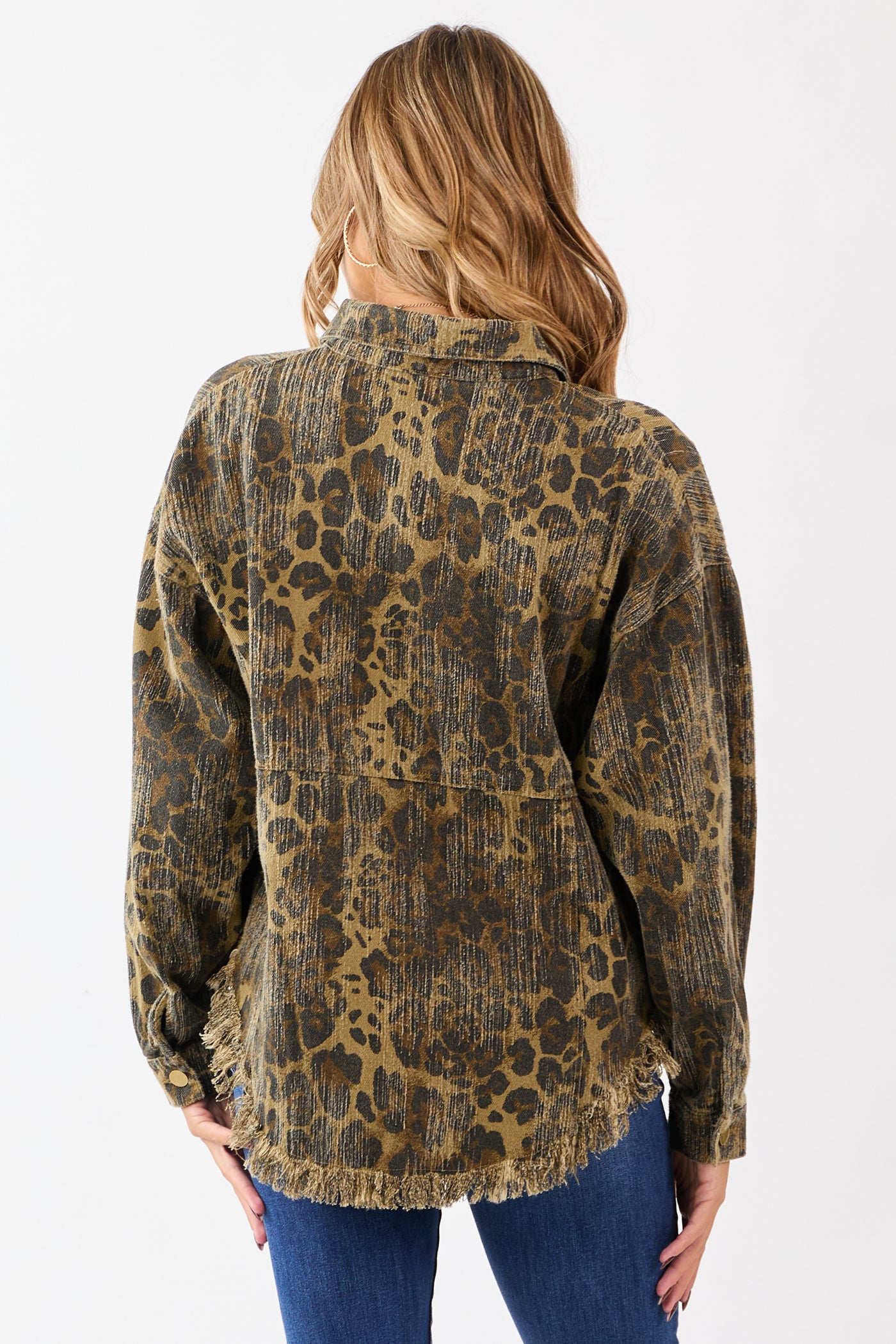 Peanut Leopard Print Fringe Hem Denim Shacket
