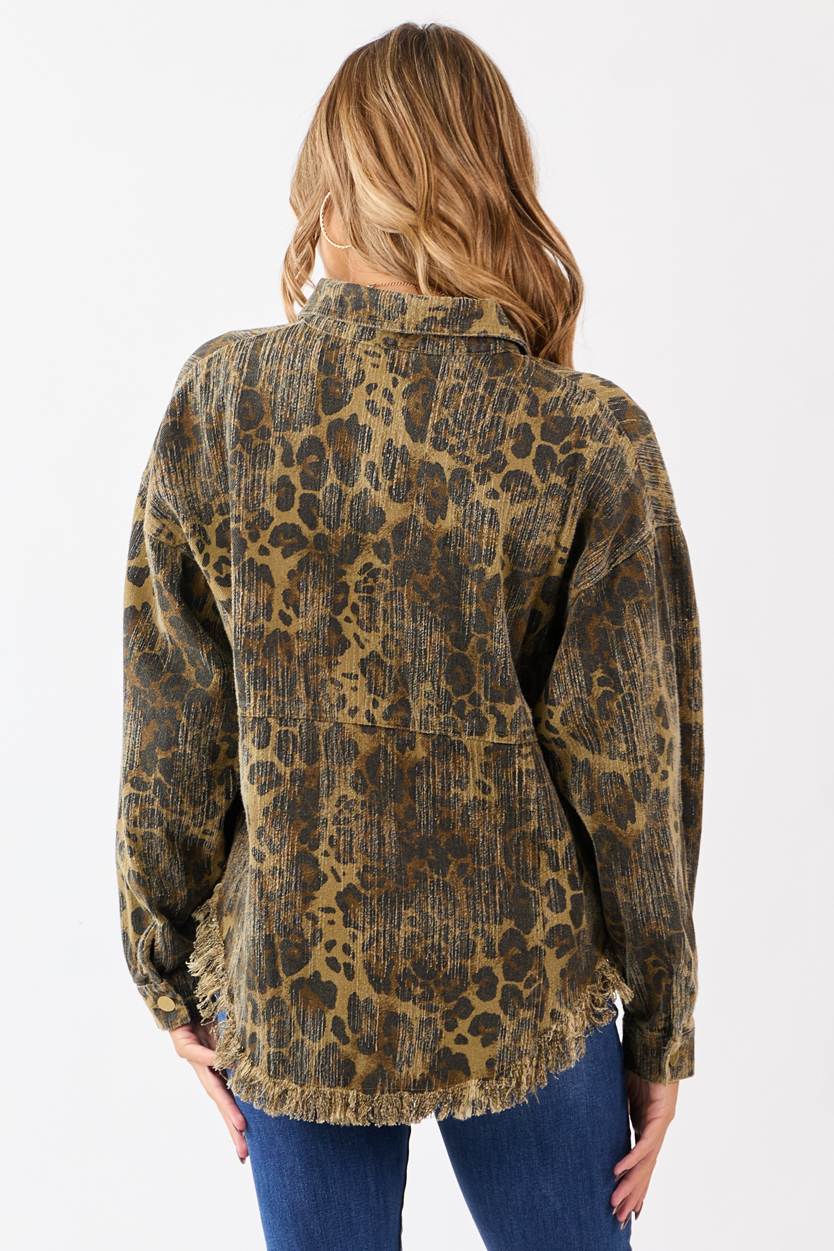 Peanut Leopard Print Fringe Hem Denim Shacket