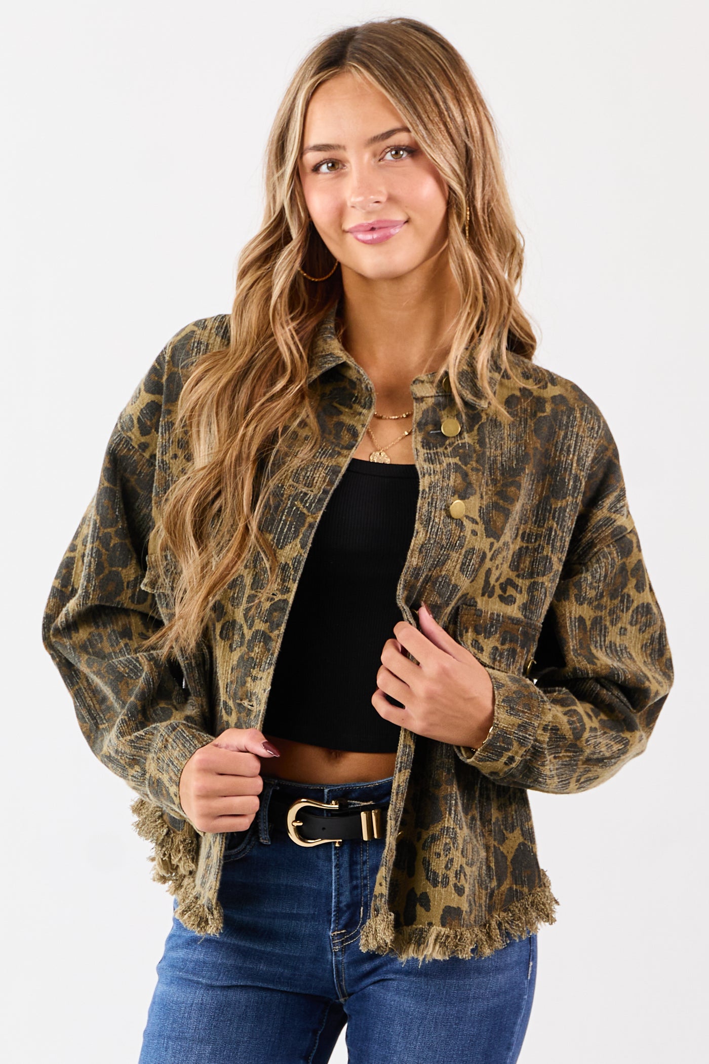Peanut Leopard Print Fringe Hem Denim Shacket