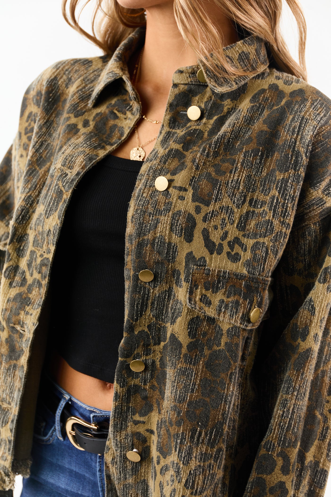 Peanut Leopard Print Fringe Hem Denim Shacket