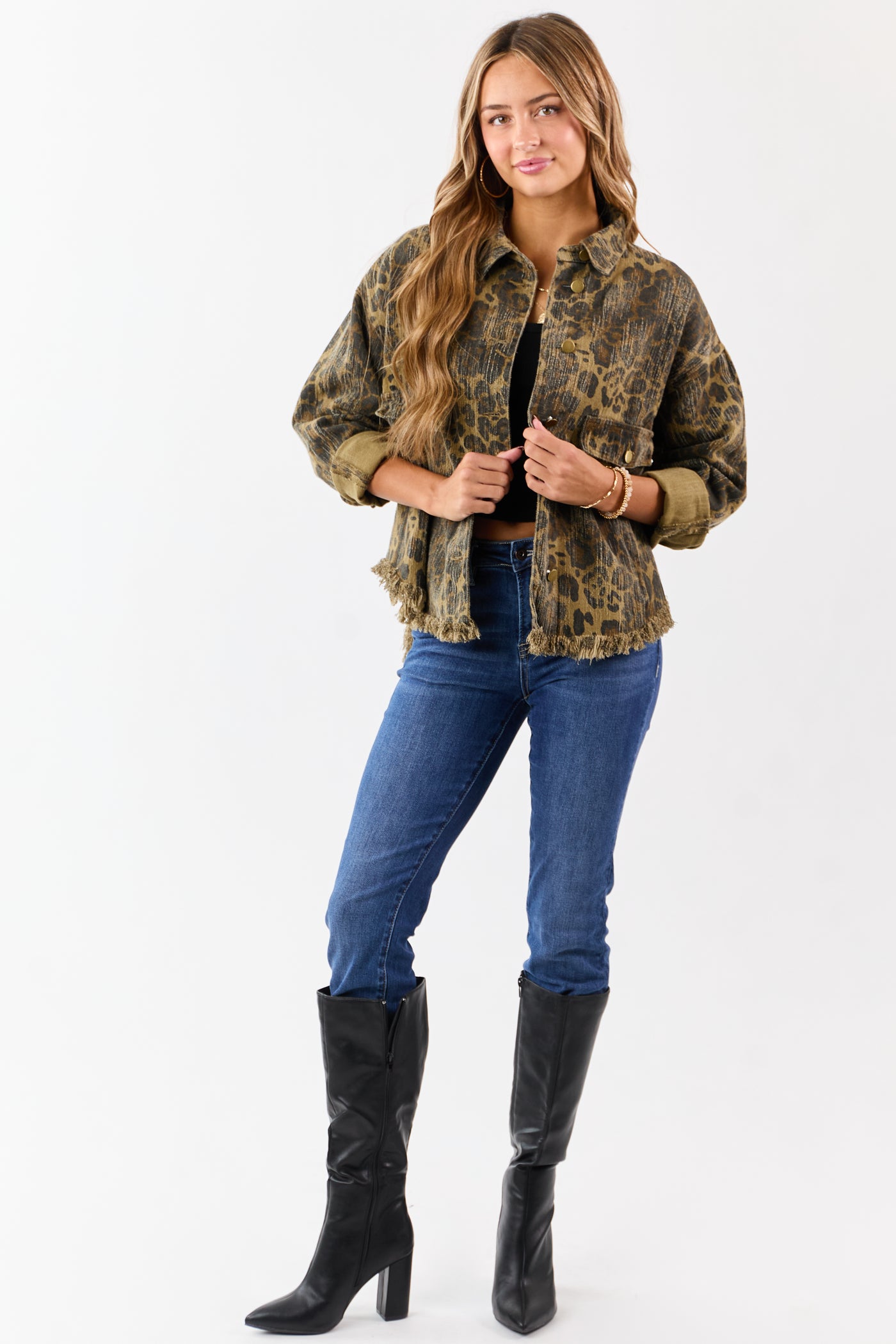 Peanut Leopard Print Fringe Hem Denim Shacket