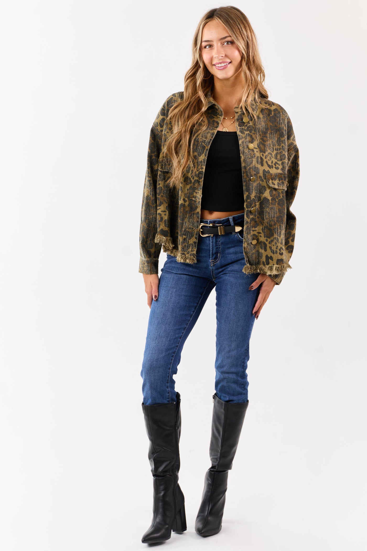 Peanut Leopard Print Fringe Hem Denim Shacket