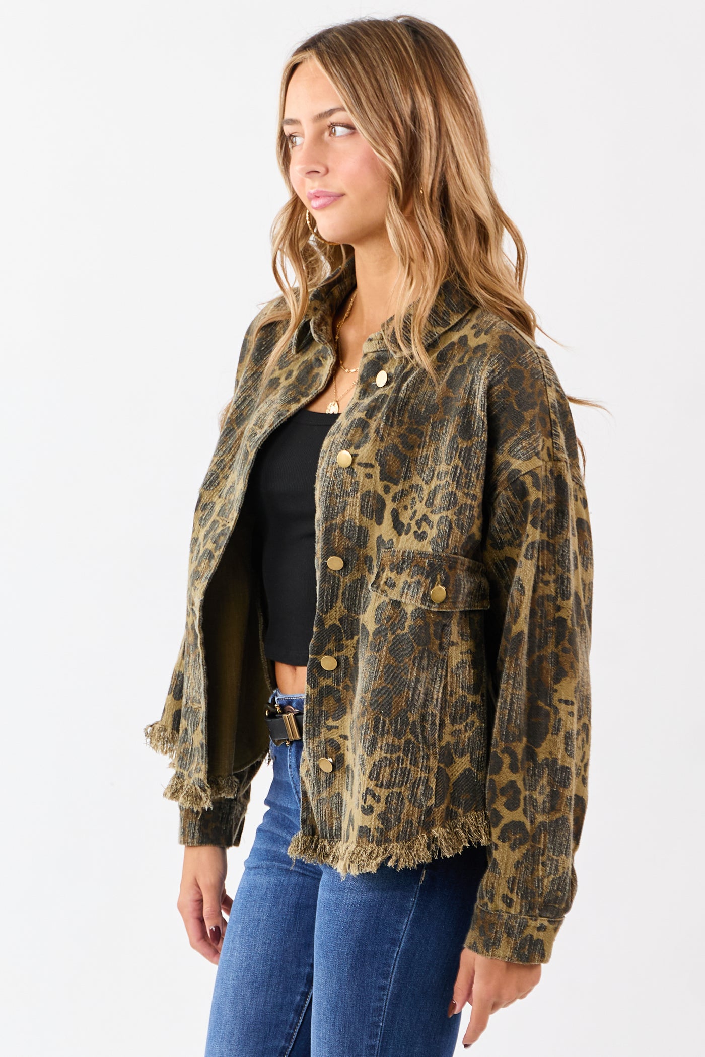 Peanut Leopard Print Fringe Hem Denim Shacket