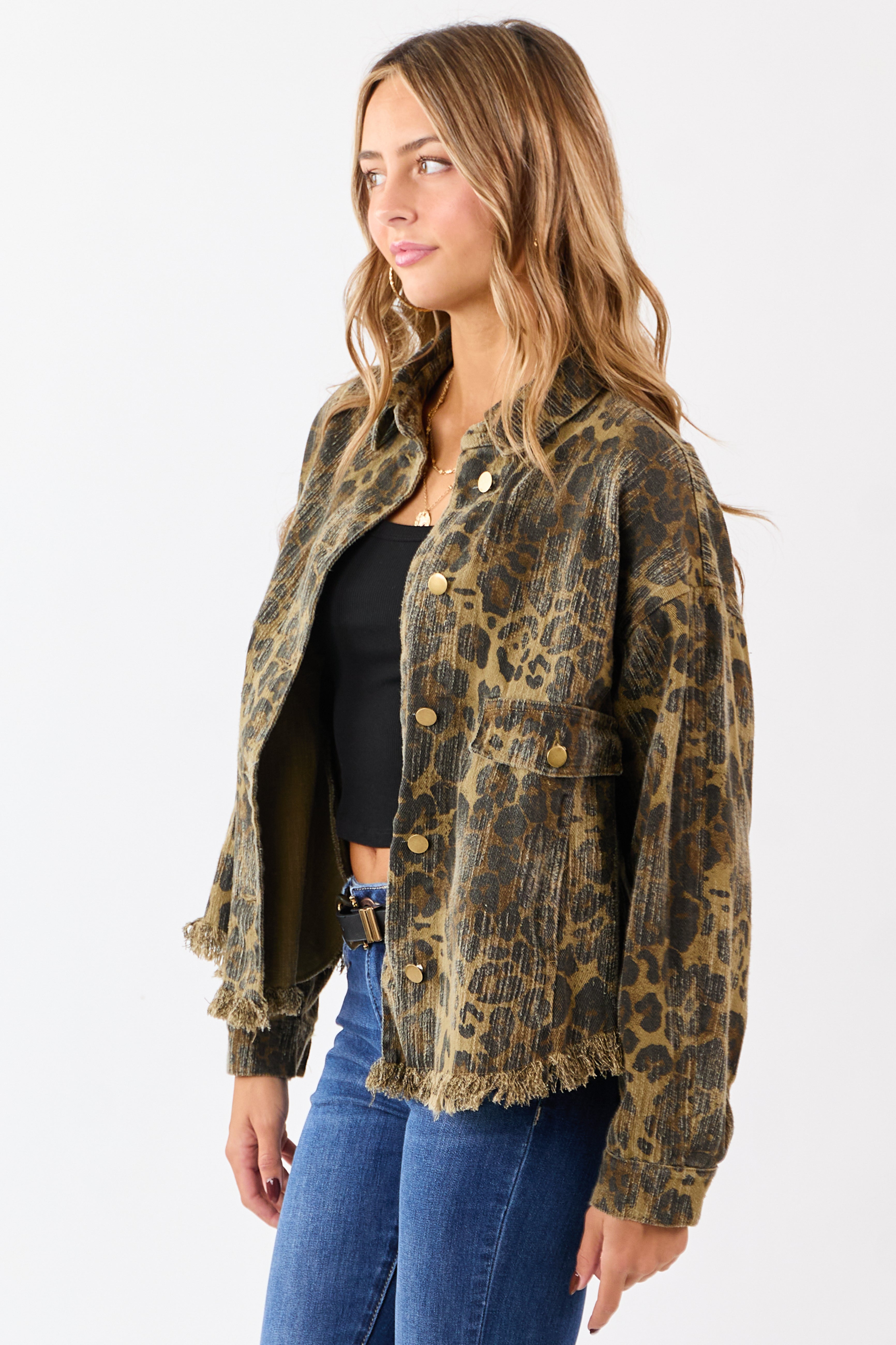 Peanut Leopard Print Fringe Hem Denim Shacket