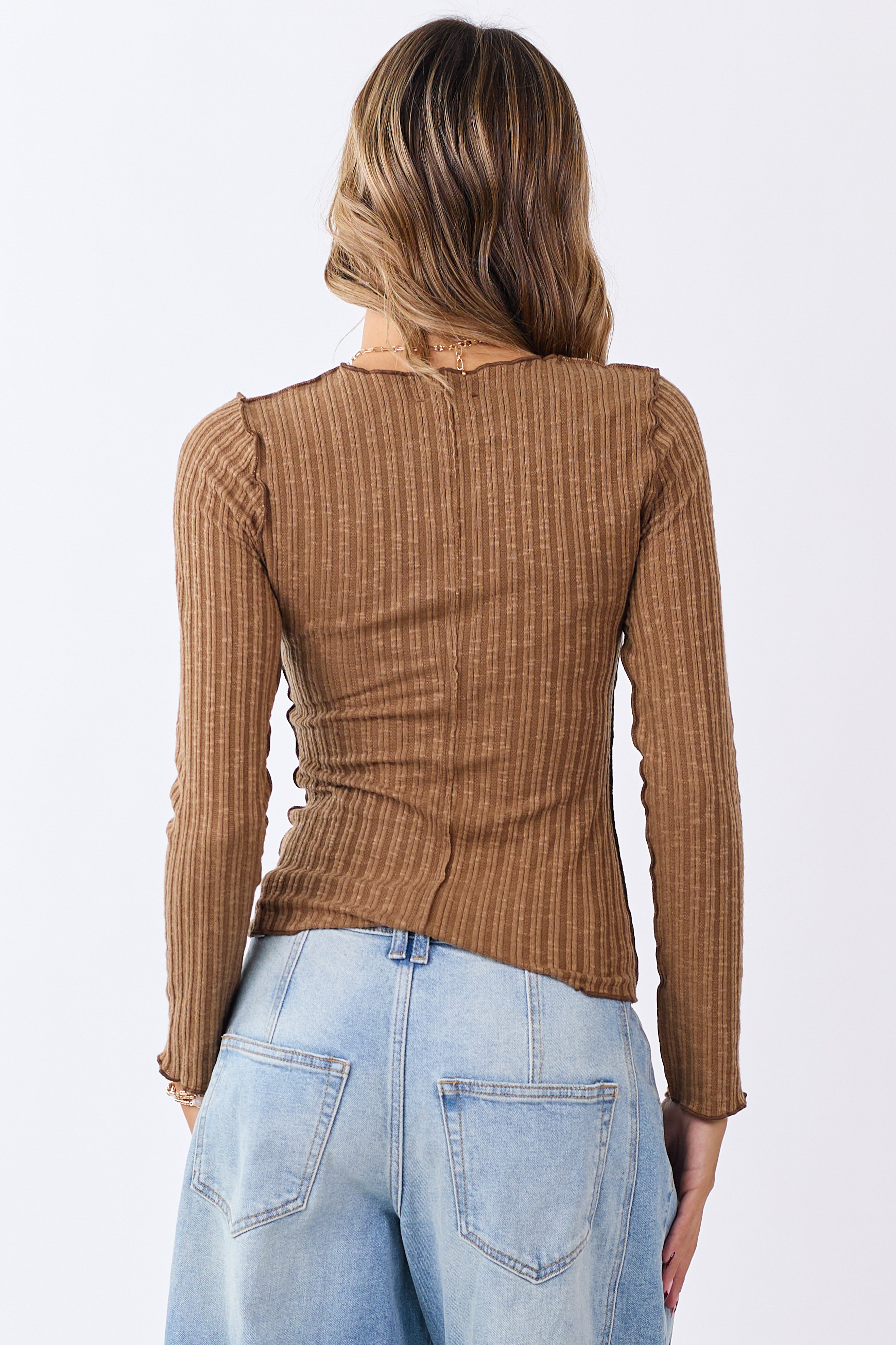 Peanut Rib Knit Lettuce Trim Long Sleeve Top