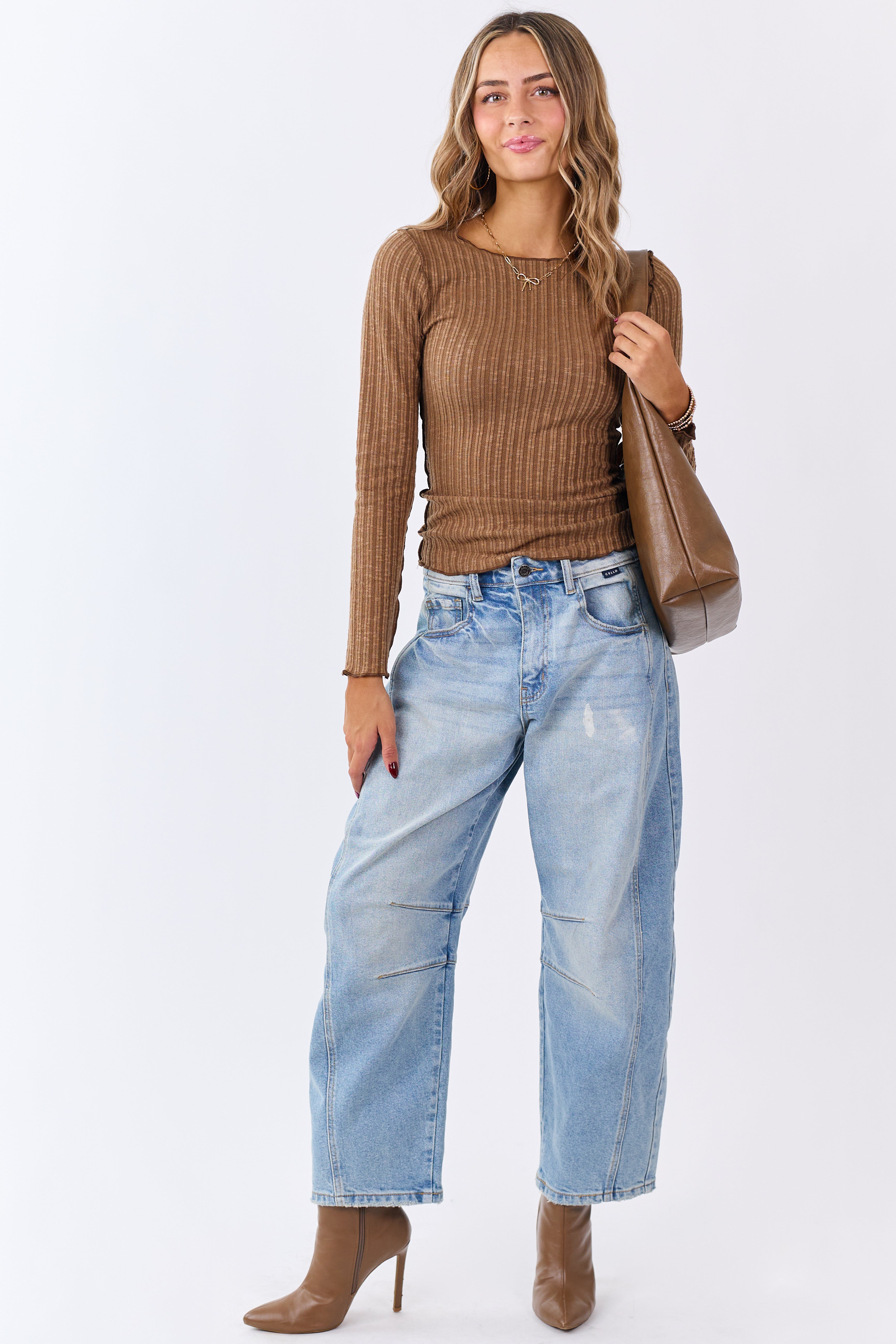 Peanut Rib Knit Lettuce Trim Long Sleeve Top