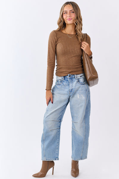 Peanut Rib Knit Lettuce Trim Long Sleeve Top
