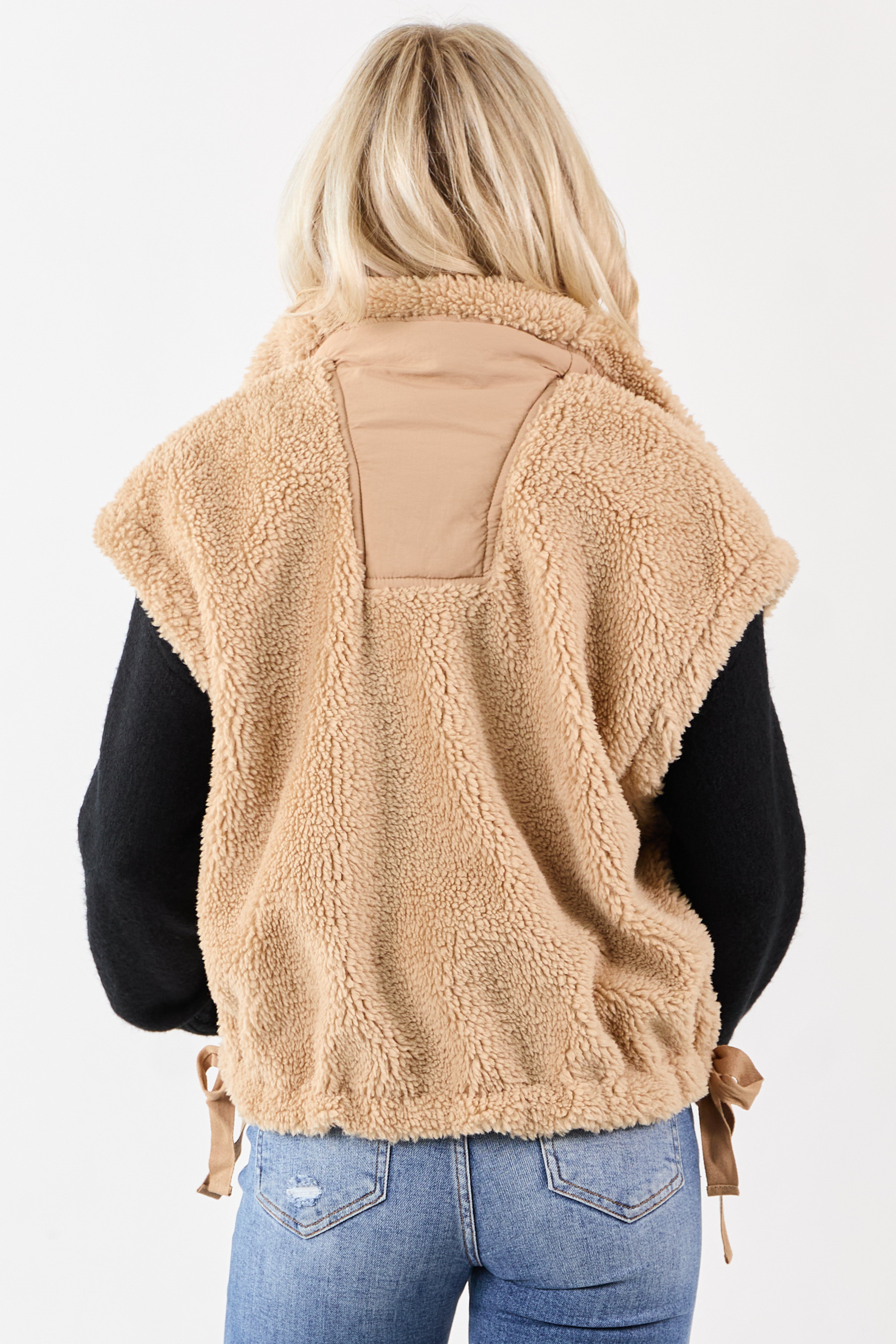 Peanut Sherpa Contrast Button Down Side Tie Vest