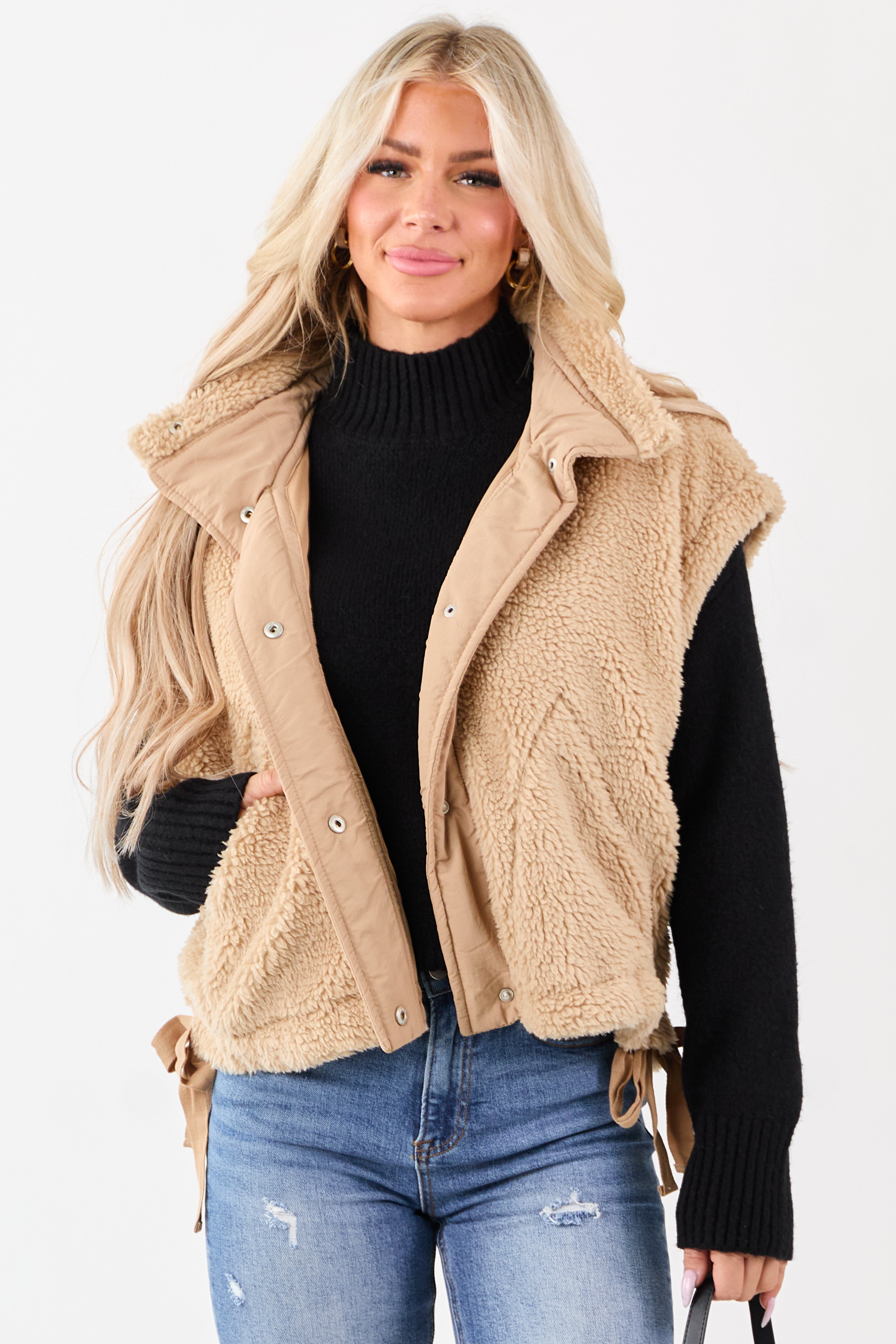Peanut Sherpa Contrast Button Down Side Tie Vest