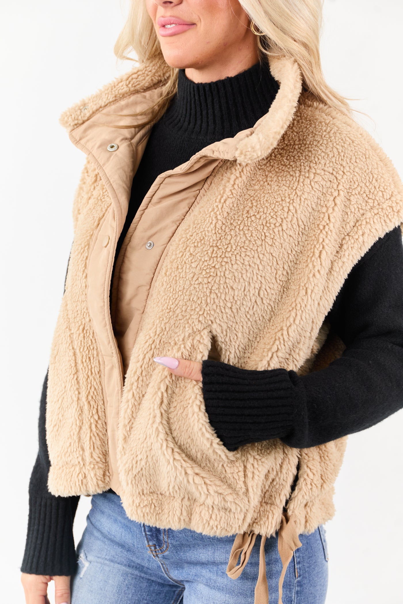 Peanut Sherpa Contrast Button Down Side Tie Vest