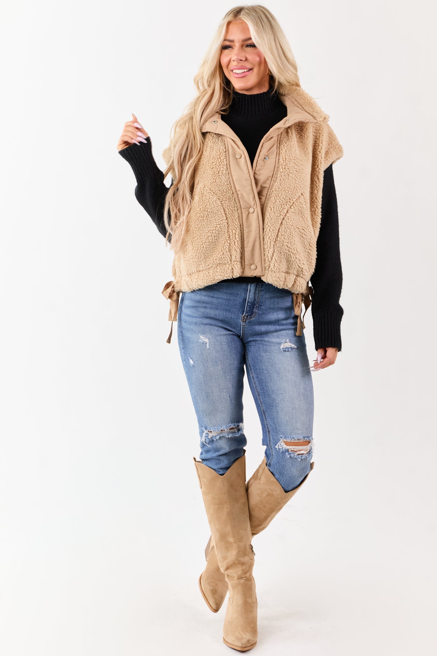 Peanut Sherpa Contrast Button Down Side Tie Vest