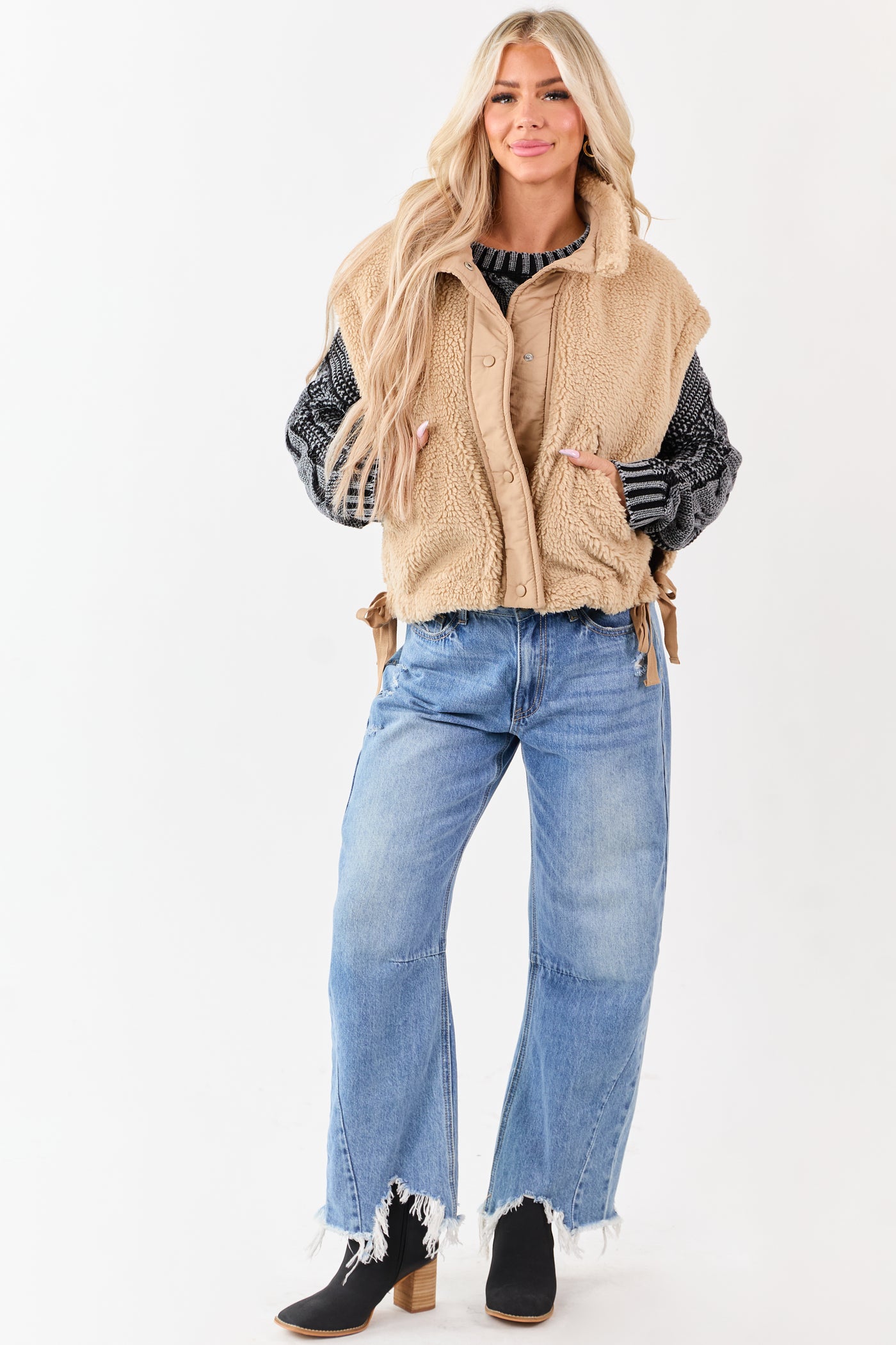 Peanut Sherpa Contrast Button Down Side Tie Vest