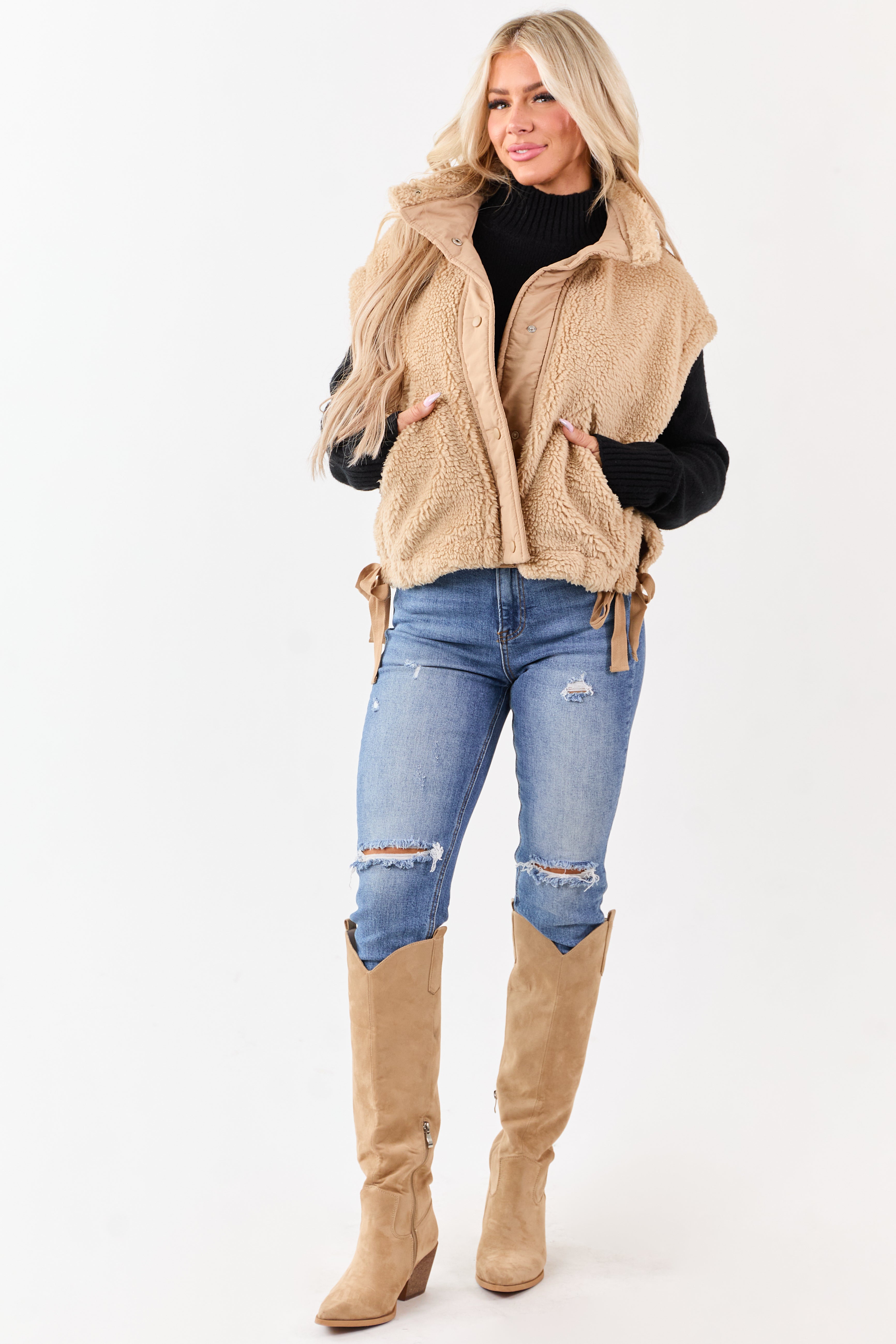 Peanut Sherpa Contrast Button Down Side Tie Vest