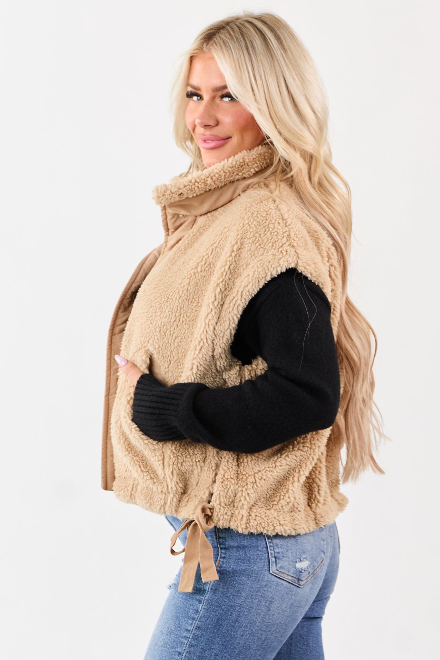 Peanut Sherpa Contrast Button Down Side Tie Vest