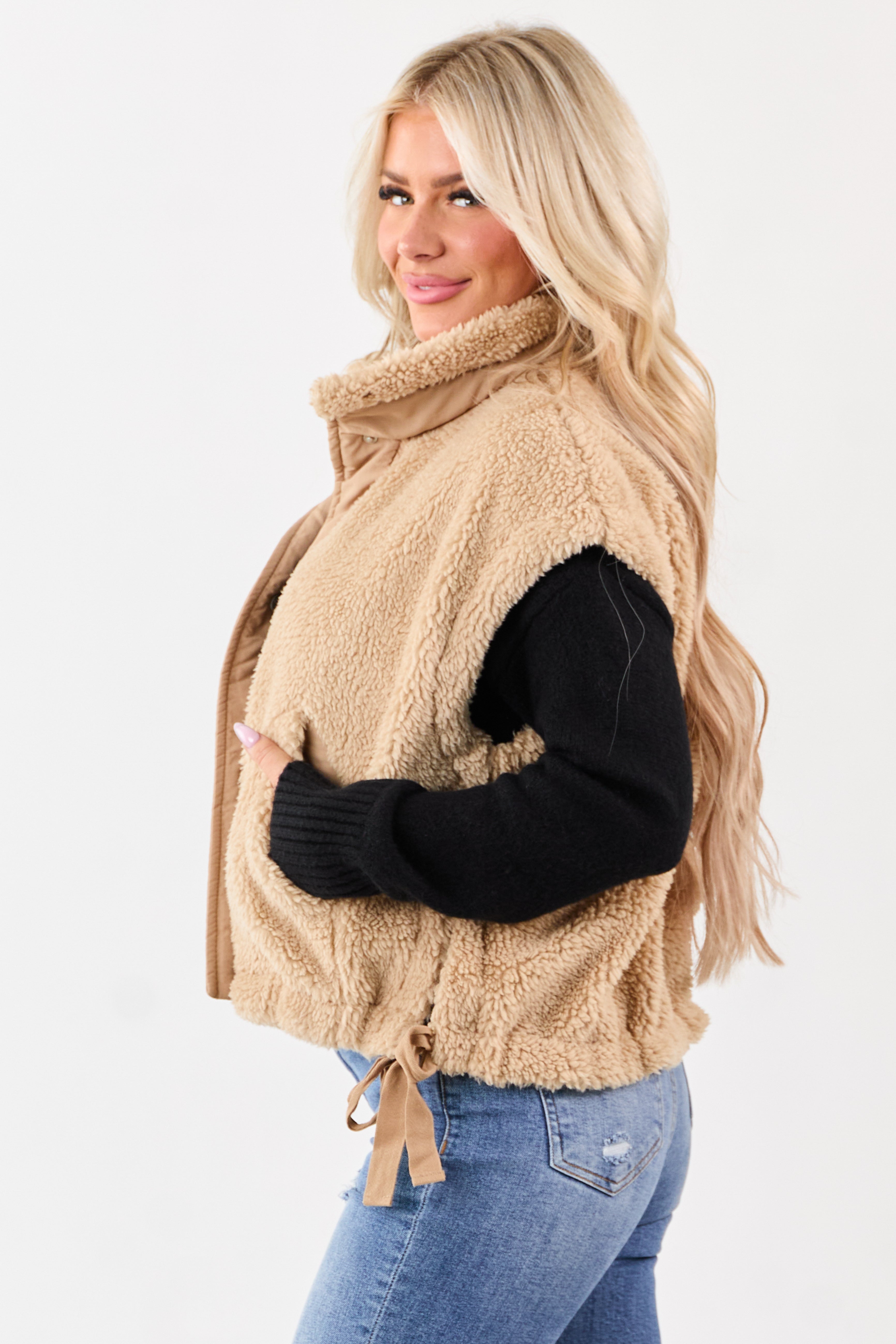 Peanut Sherpa Contrast Button Down Side Tie Vest