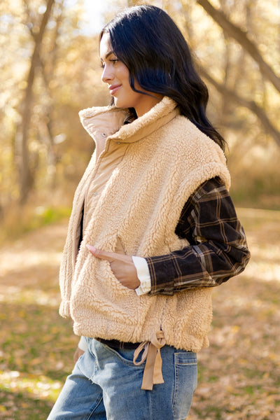Peanut Sherpa Contrast Button Down Side Tie Vest