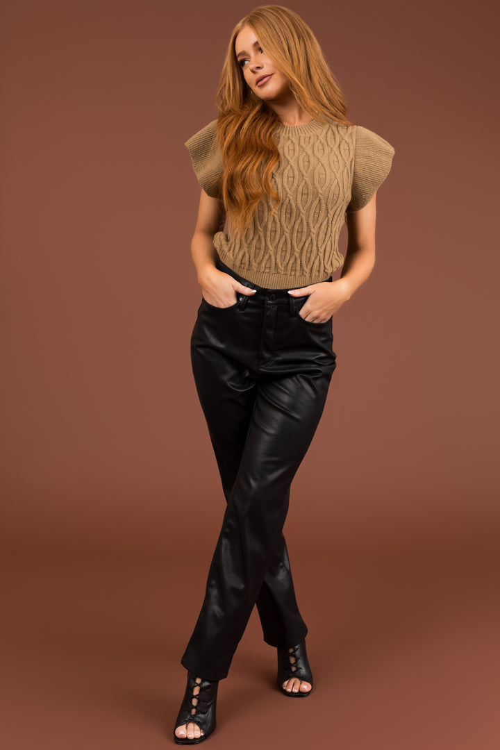Peanut Short Sleeve Cable Knit Sweater & Lime Lush