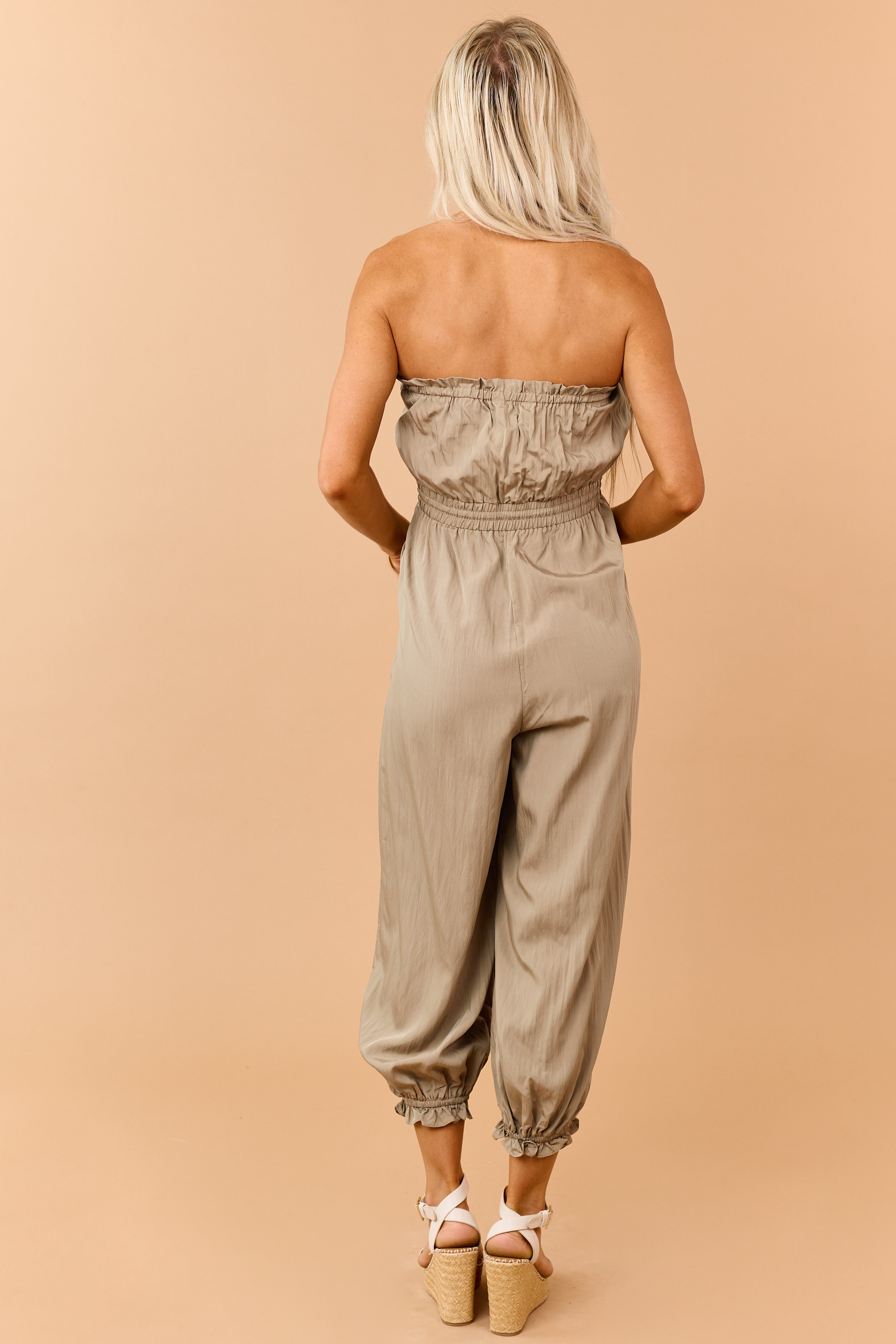 Peanut Strapless Balloon Leg Ruffle Trim Jumpsuit