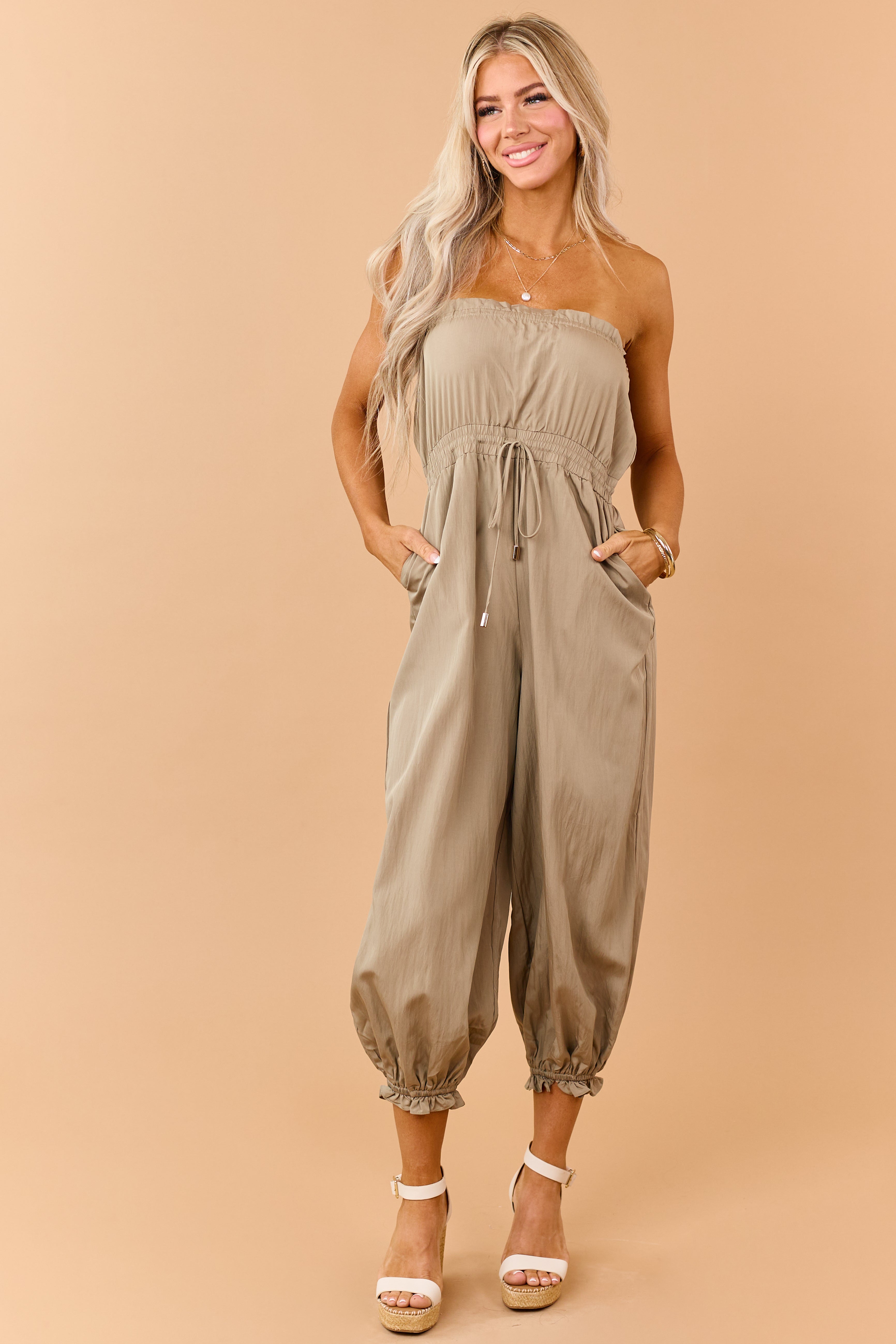 Peanut Strapless Balloon Leg Ruffle Trim Jumpsuit