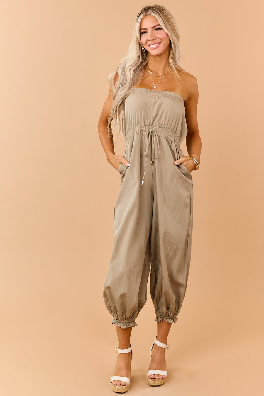 Peanut Strapless Balloon Leg Ruffle Trim Jumpsuit